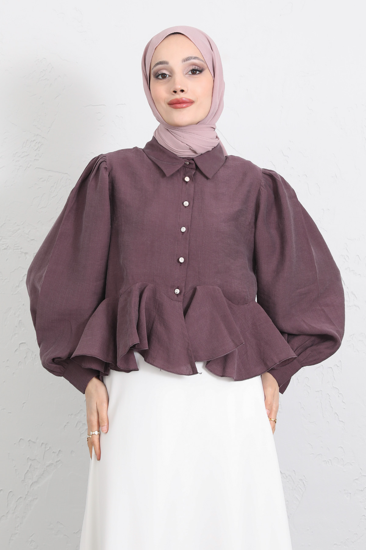 Volan Detaylı Balon Kol Gömlek Y0095 - MÜRDÜM |  