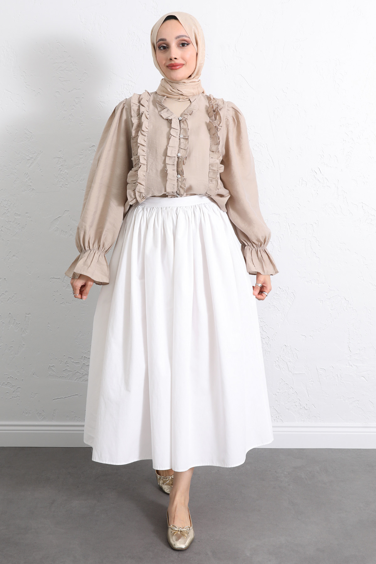 Şerit Fırfırlı Düğmeli Gömlek Y0096 - BEJ |  