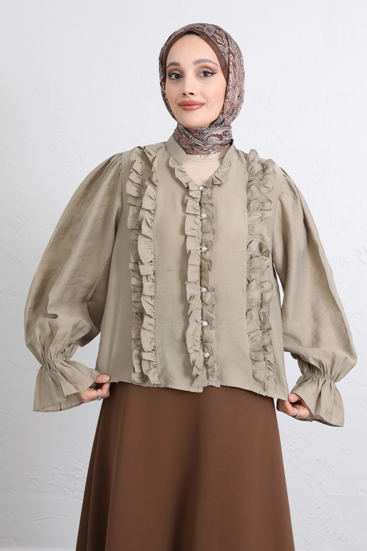 Şerit Fırfırlı Düğmeli Gömlek Y0096 - HAKİ |  