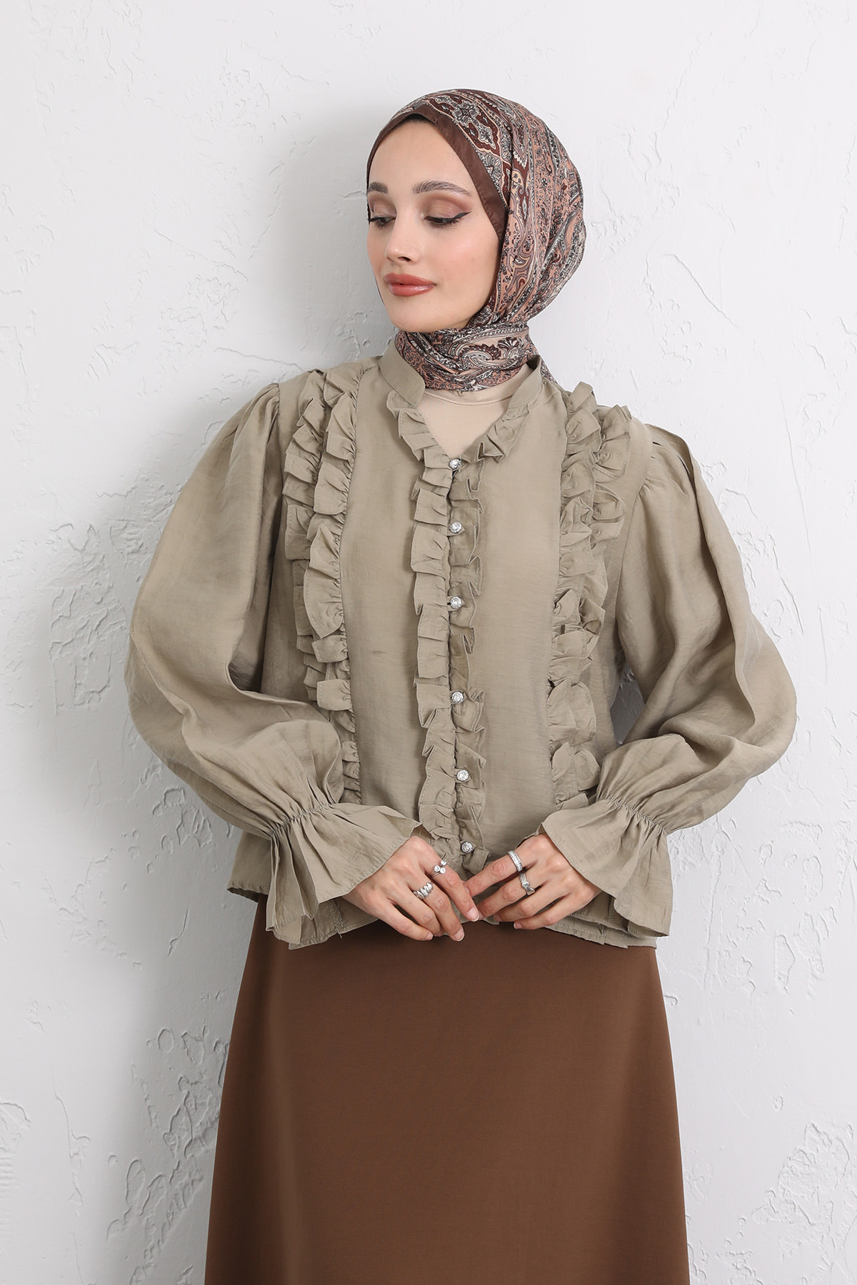 Şerit Fırfırlı Düğmeli Gömlek Y0096 - HAKİ |  