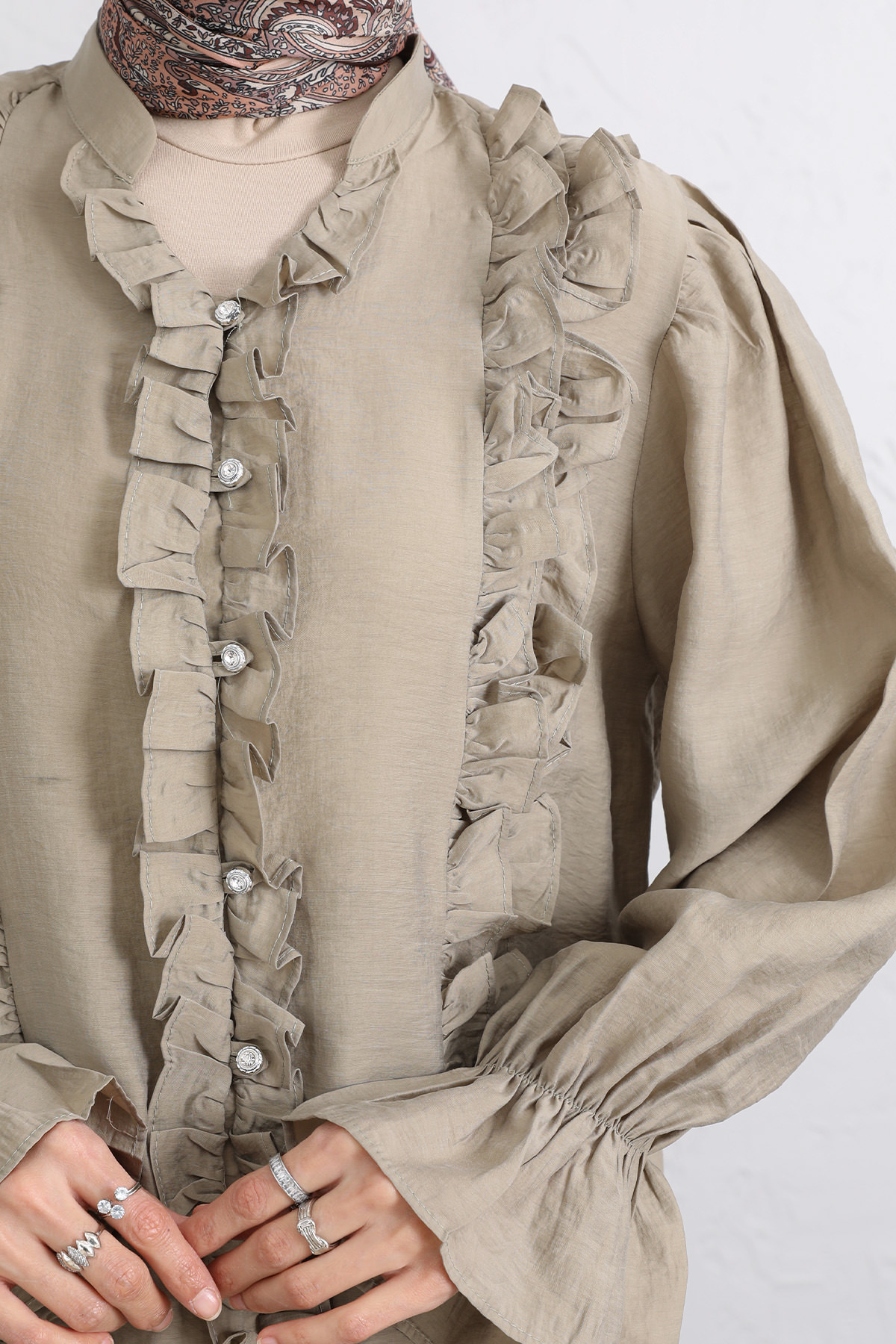 Şerit Fırfırlı Düğmeli Gömlek Y0096 - HAKİ |  