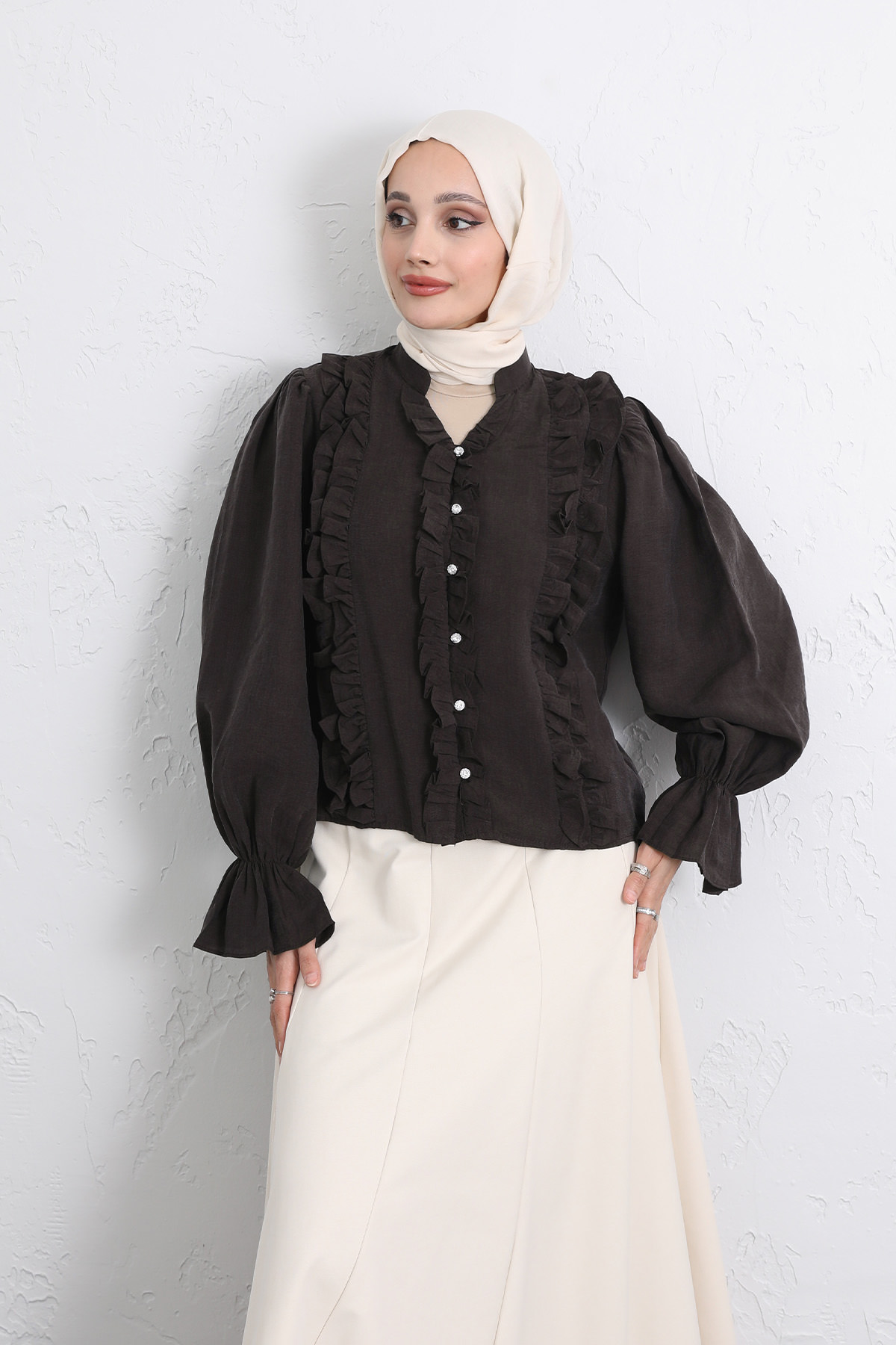 Şerit Fırfırlı Düğmeli Gömlek Y0096 - KOYU KAHVERENGİ |  