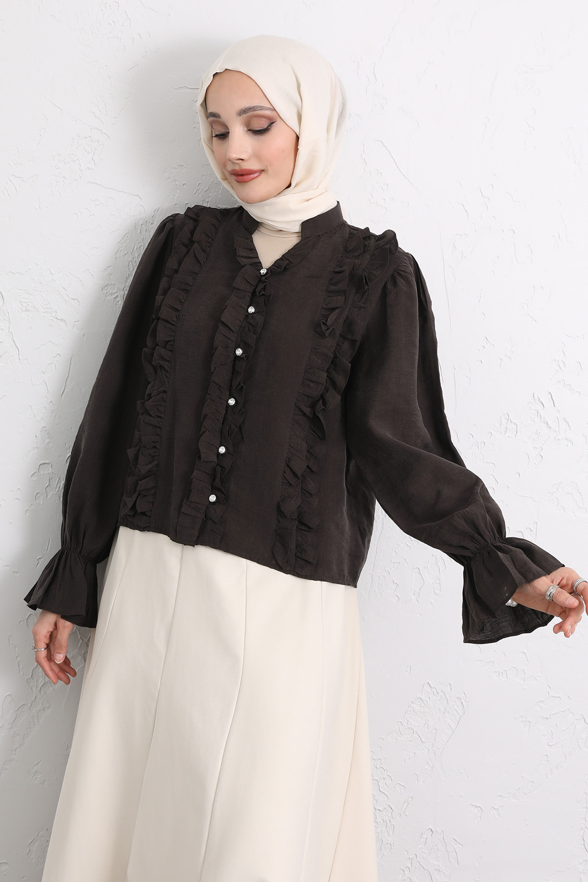 Şerit Fırfırlı Düğmeli Gömlek Y0096 - KOYU KAHVERENGİ |  