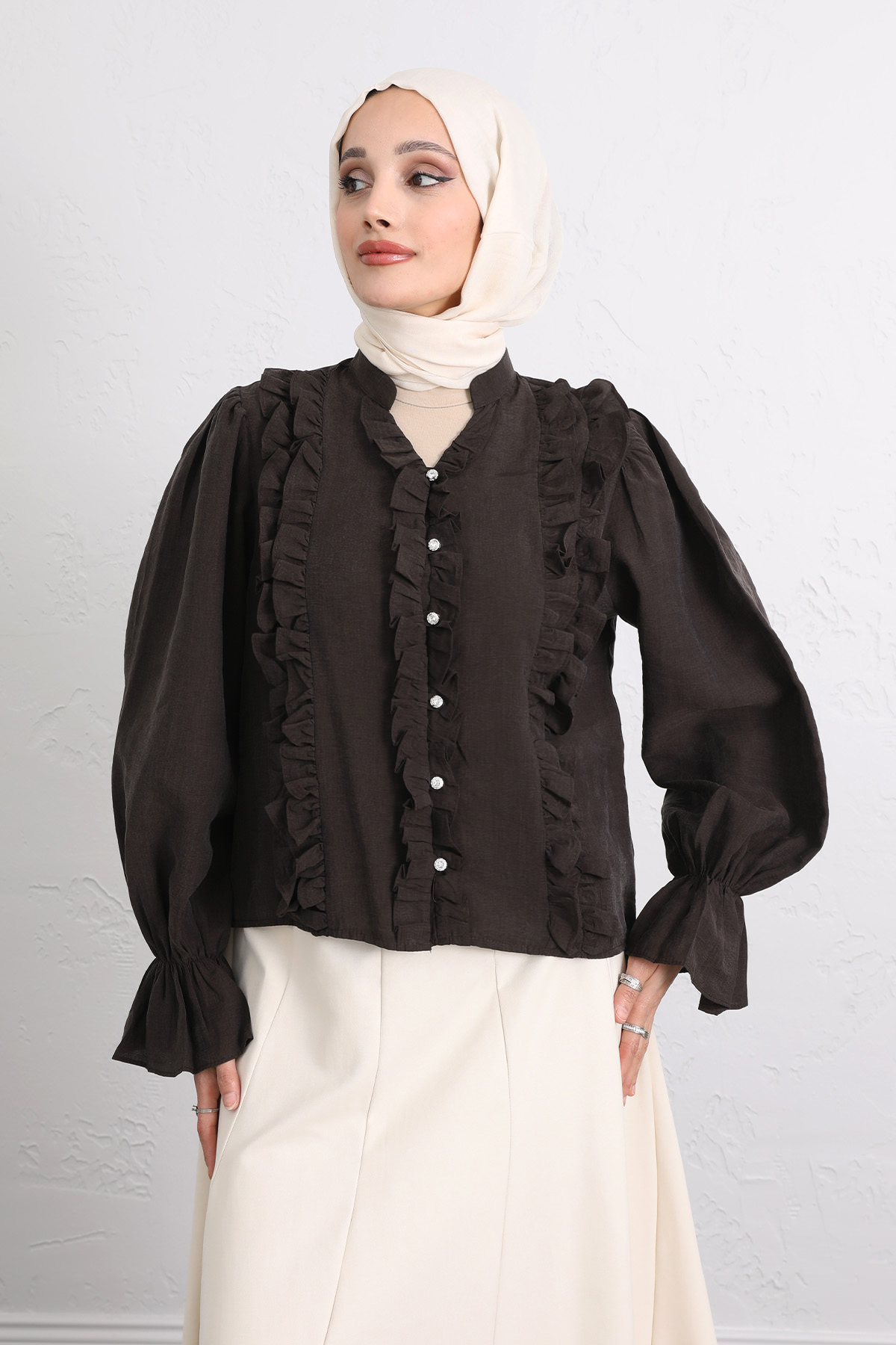 Şerit Fırfırlı Düğmeli Gömlek Y0096 - KOYU KAHVERENGİ |  