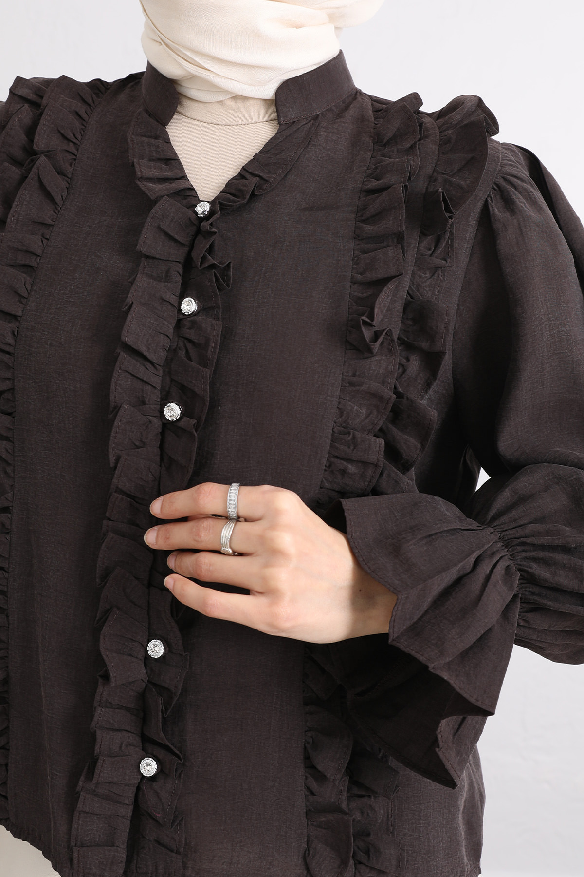 Şerit Fırfırlı Düğmeli Gömlek Y0096 - KOYU KAHVERENGİ |  