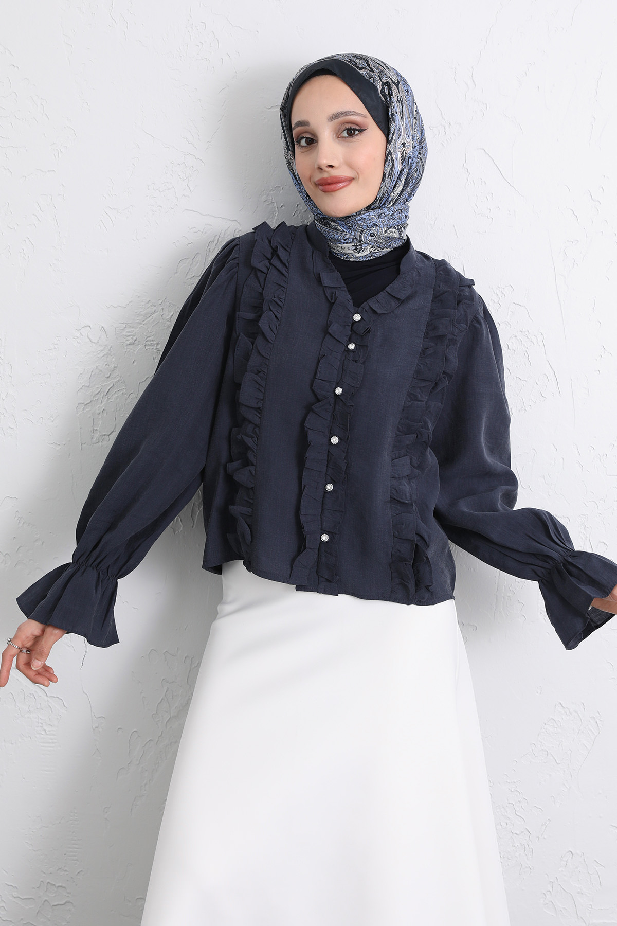 Şerit Fırfırlı Düğmeli Gömlek Y0096 - LACİVERT |  