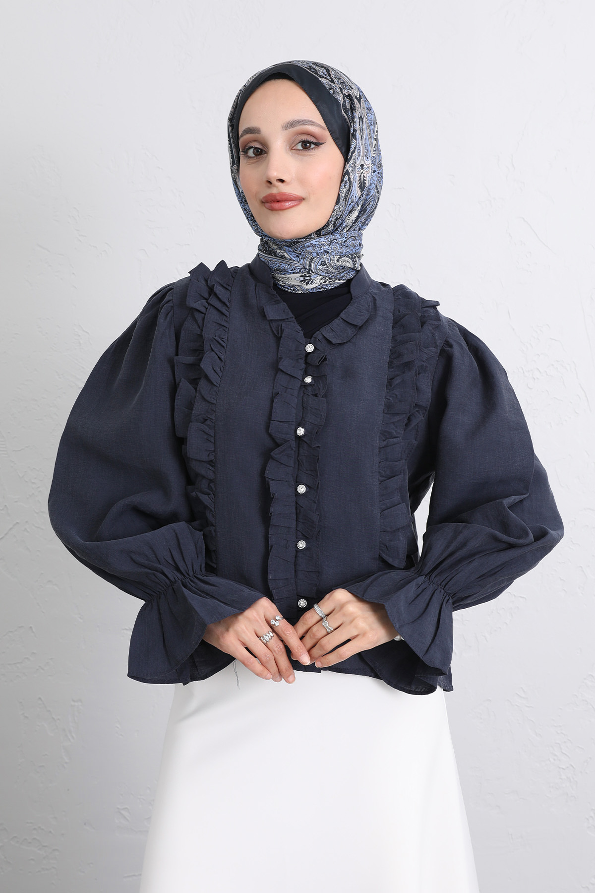 Şerit Fırfırlı Düğmeli Gömlek Y0096 - LACİVERT |  