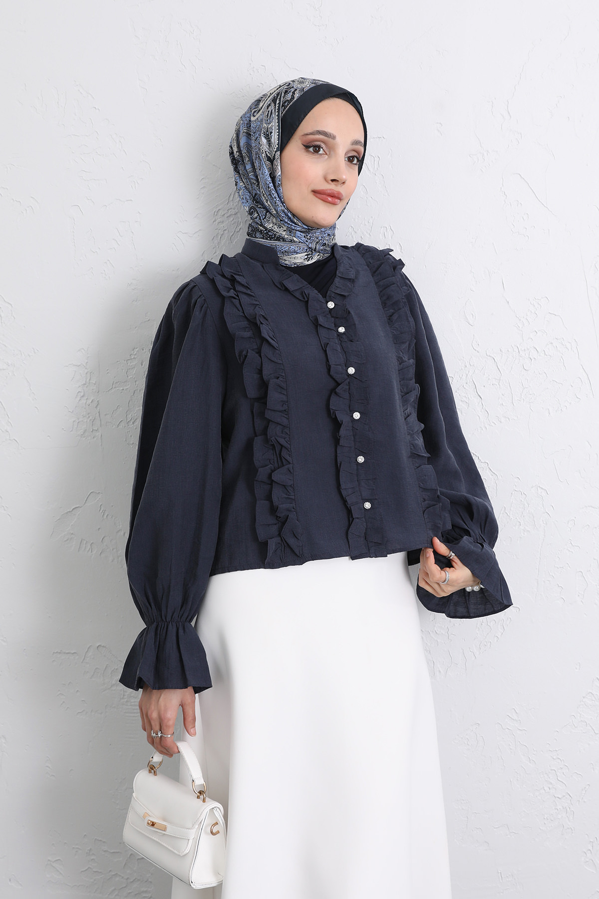 Şerit Fırfırlı Düğmeli Gömlek Y0096 - LACİVERT |  