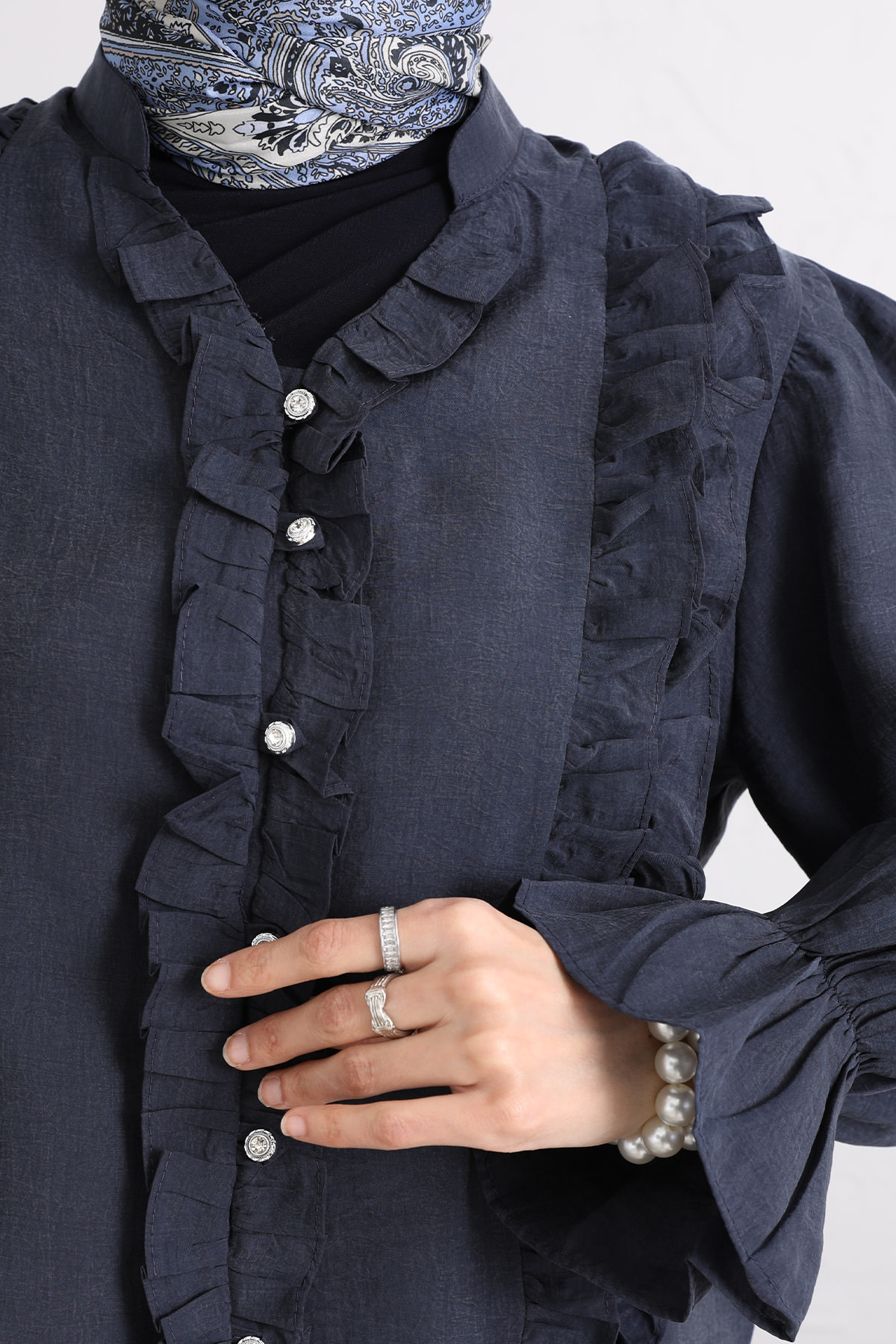 Şerit Fırfırlı Düğmeli Gömlek Y0096 - LACİVERT |  