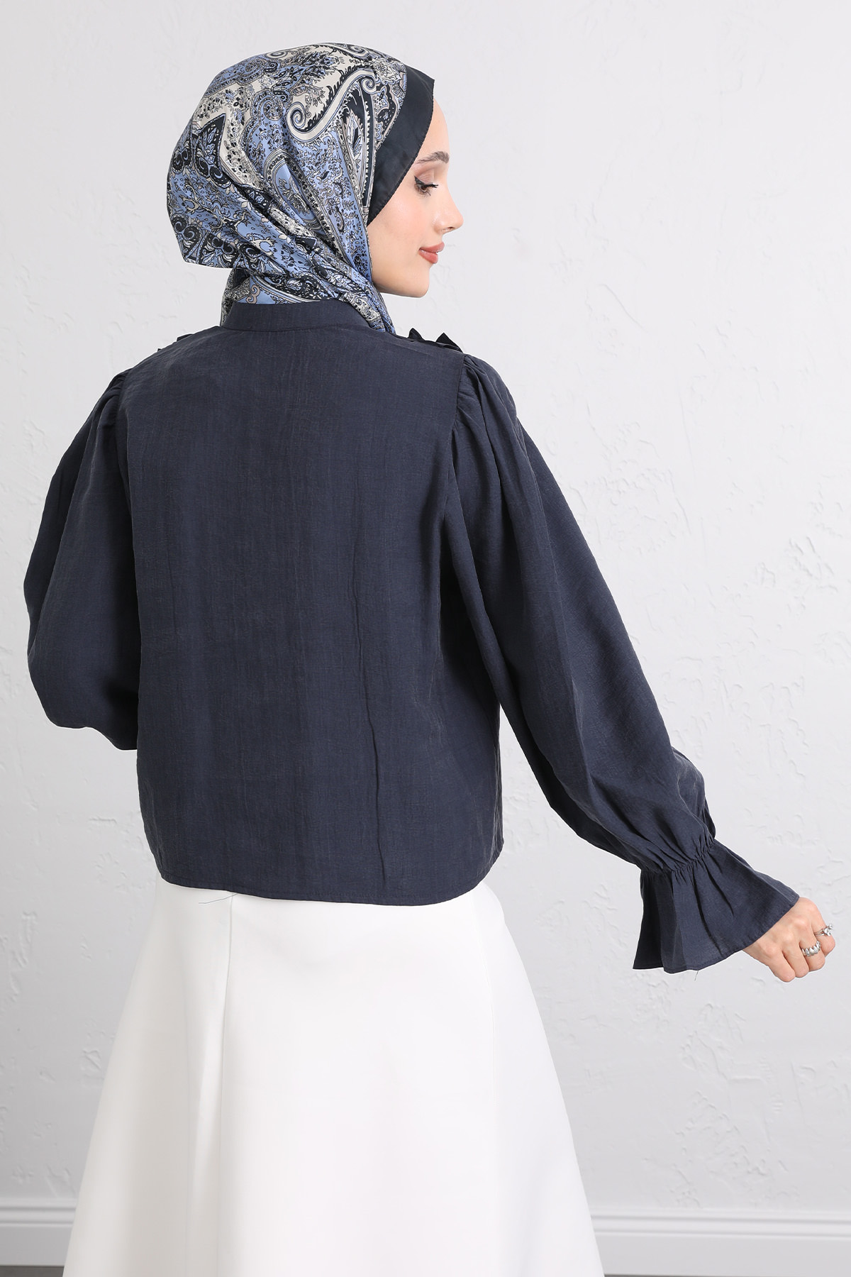 Şerit Fırfırlı Düğmeli Gömlek Y0096 - LACİVERT |  