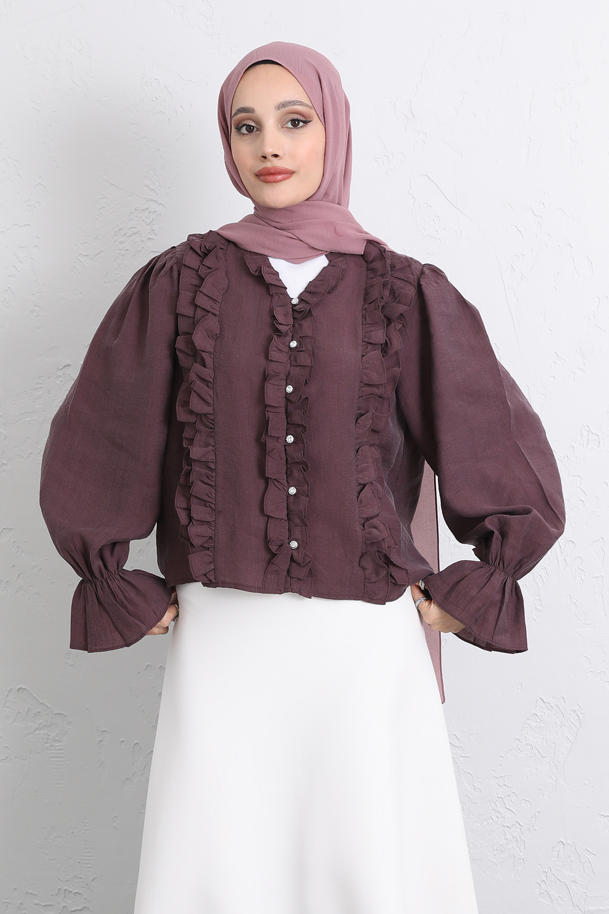 Şerit Fırfırlı Düğmeli Gömlek Y0096 - MÜRDÜM |  