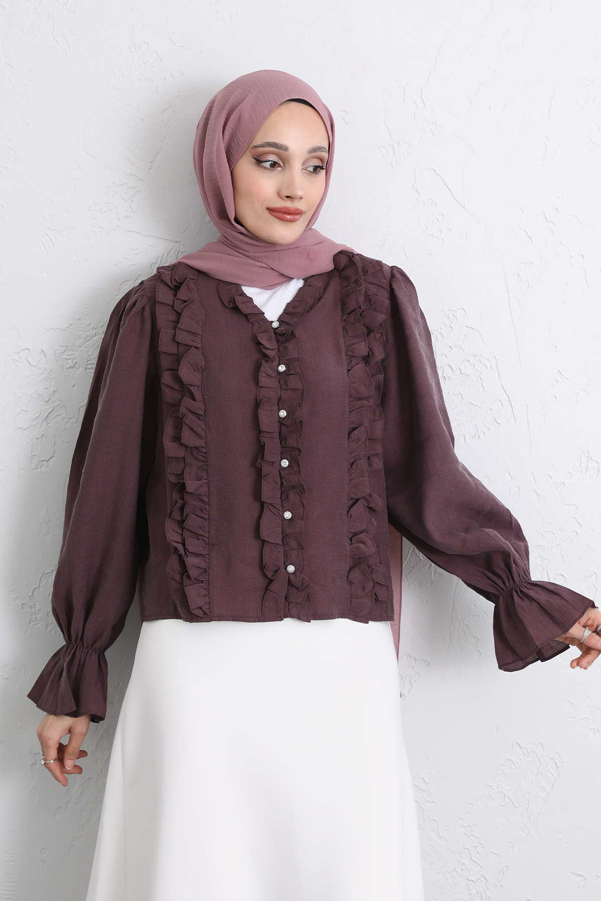 Şerit Fırfırlı Düğmeli Gömlek Y0096 - MÜRDÜM |  