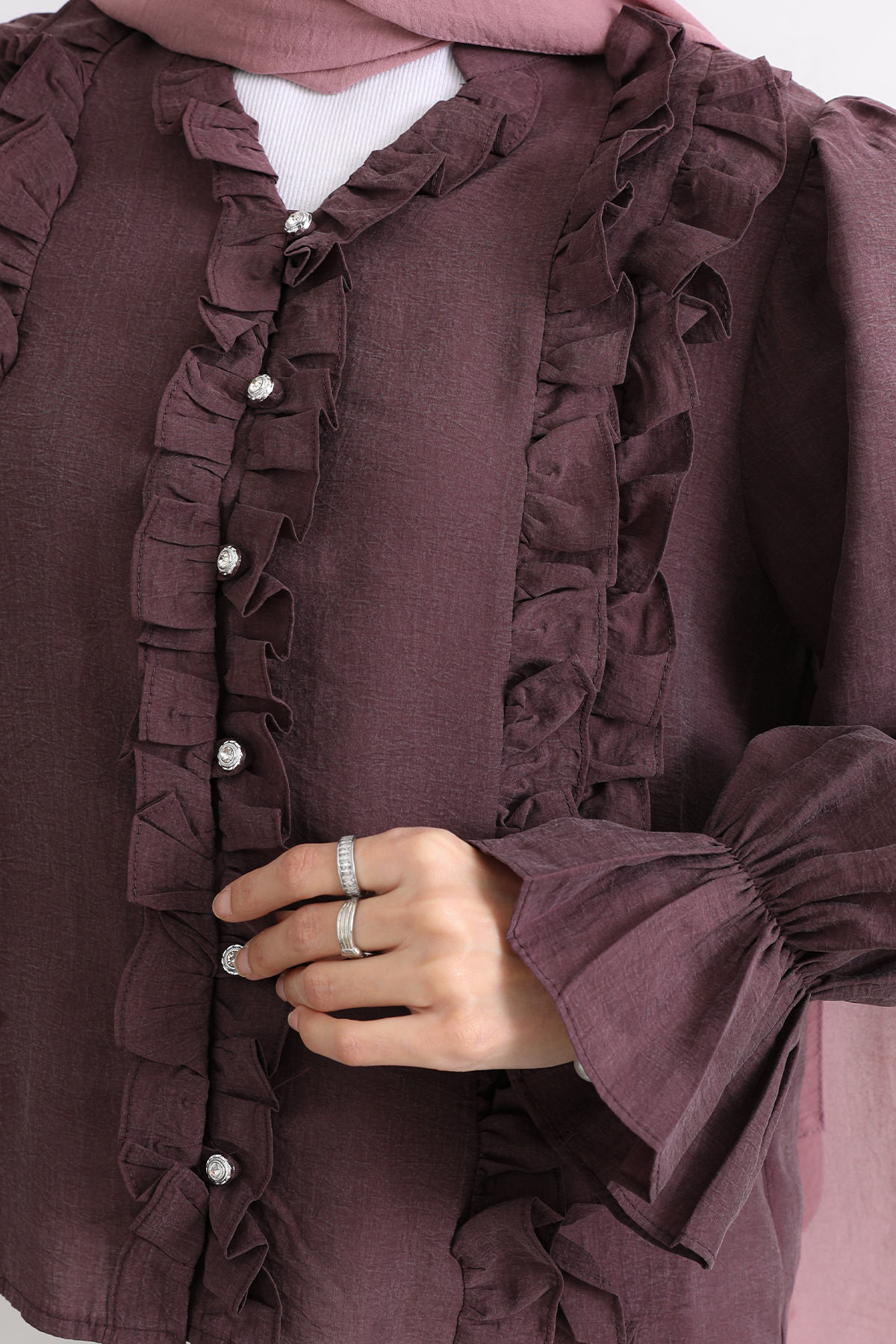 Şerit Fırfırlı Düğmeli Gömlek Y0096 - MÜRDÜM |  