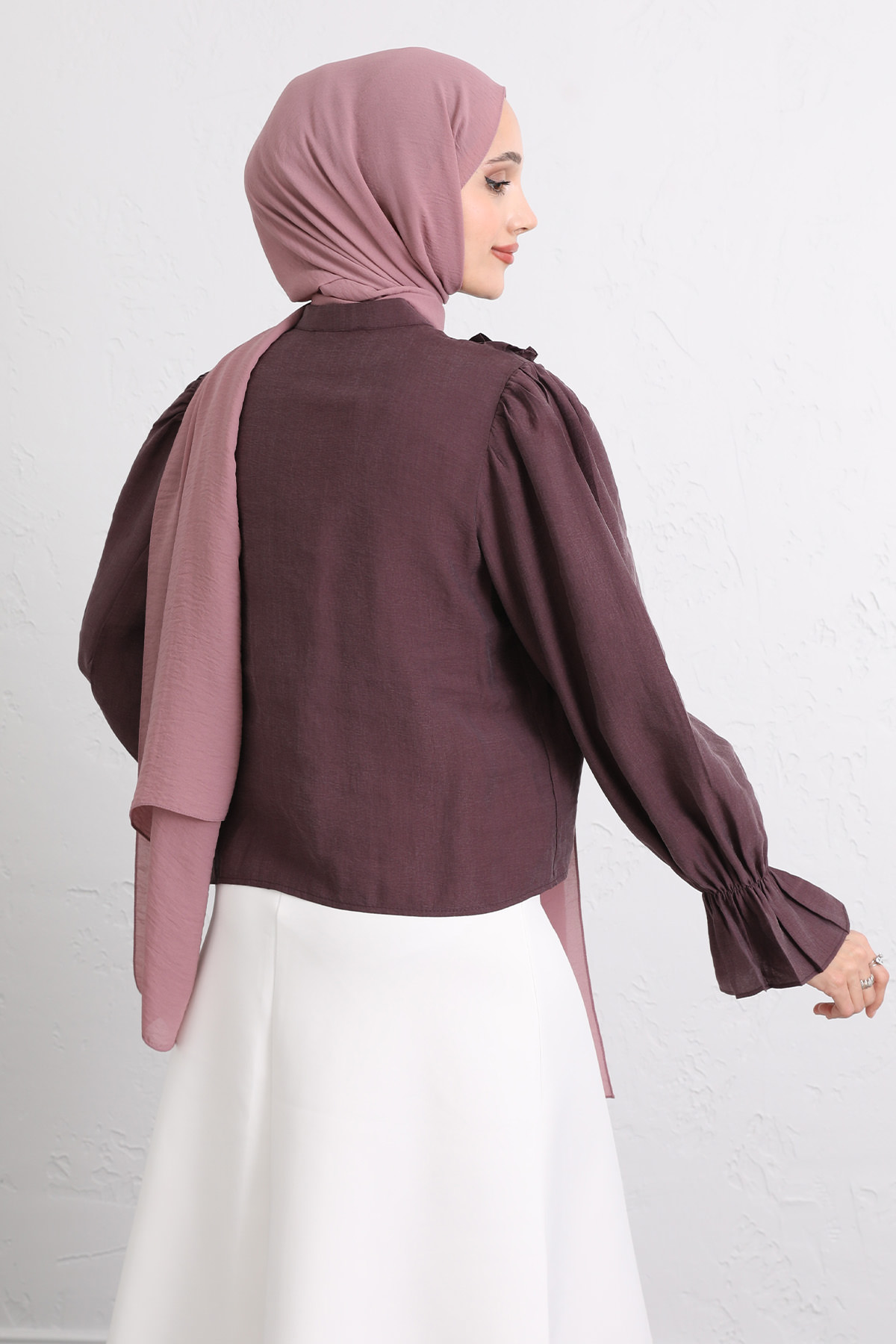 Şerit Fırfırlı Düğmeli Gömlek Y0096 - MÜRDÜM |  