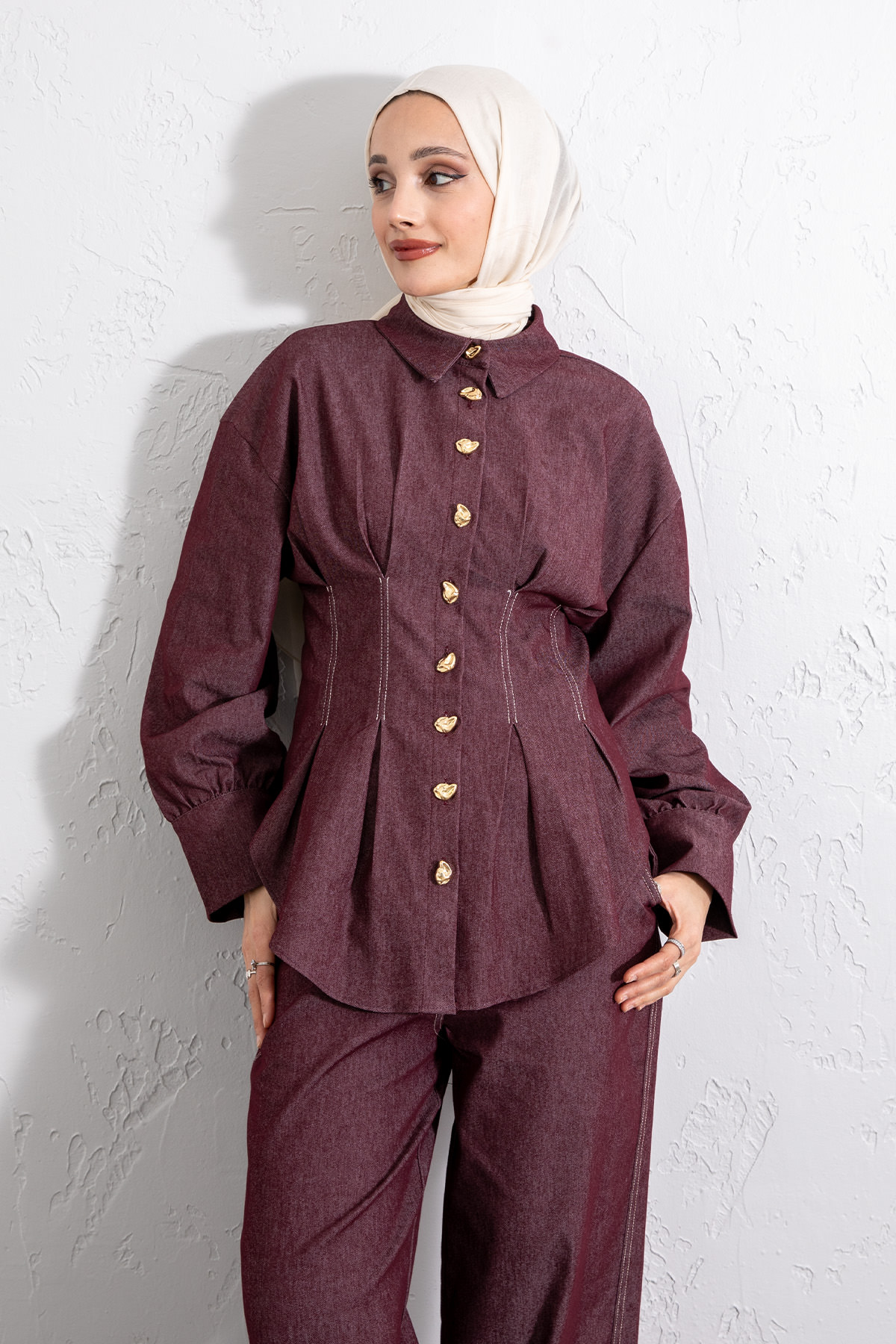 Belden Pileli Denim Takım Y0097 - BORDO |  