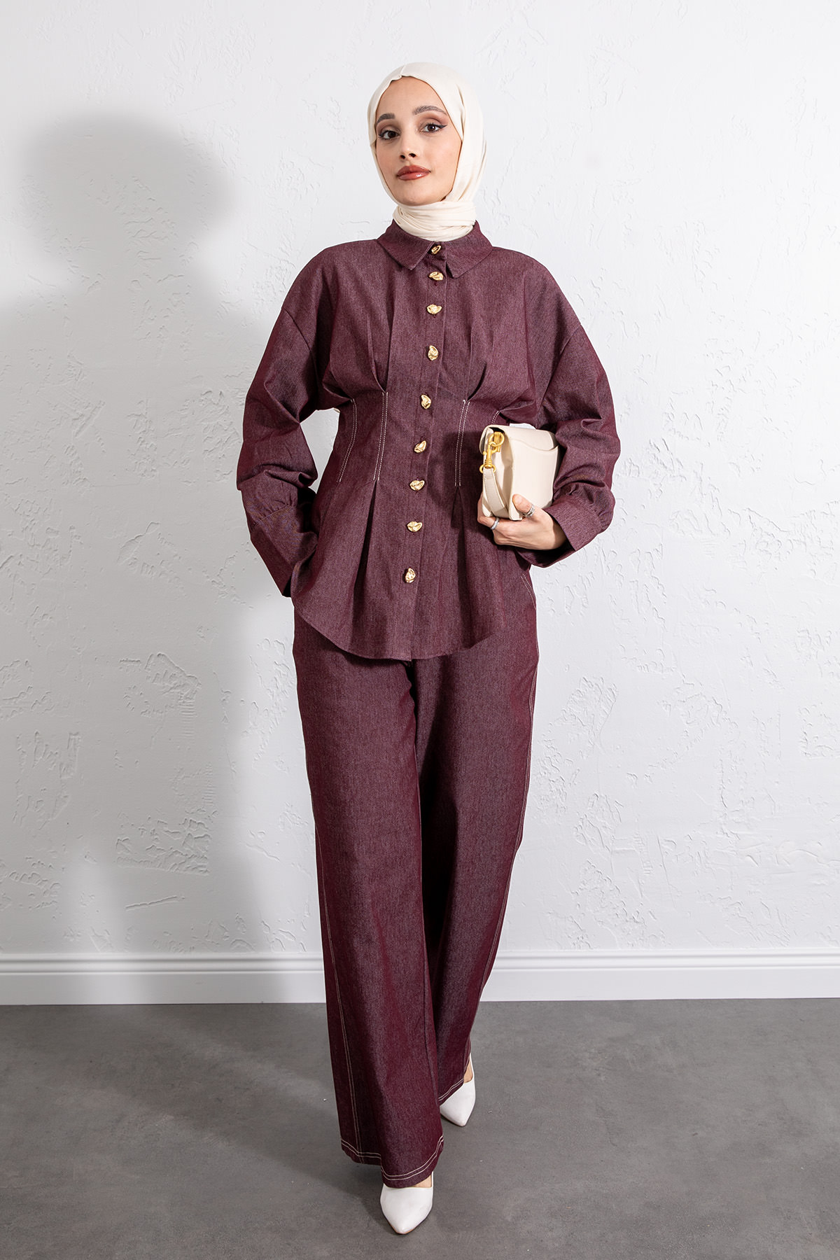 Belden Pileli Denim Takım Y0097 - BORDO |  