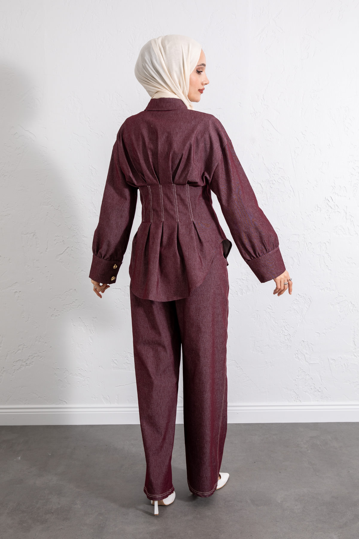 Belden Pileli Denim Takım Y0097 - BORDO |  