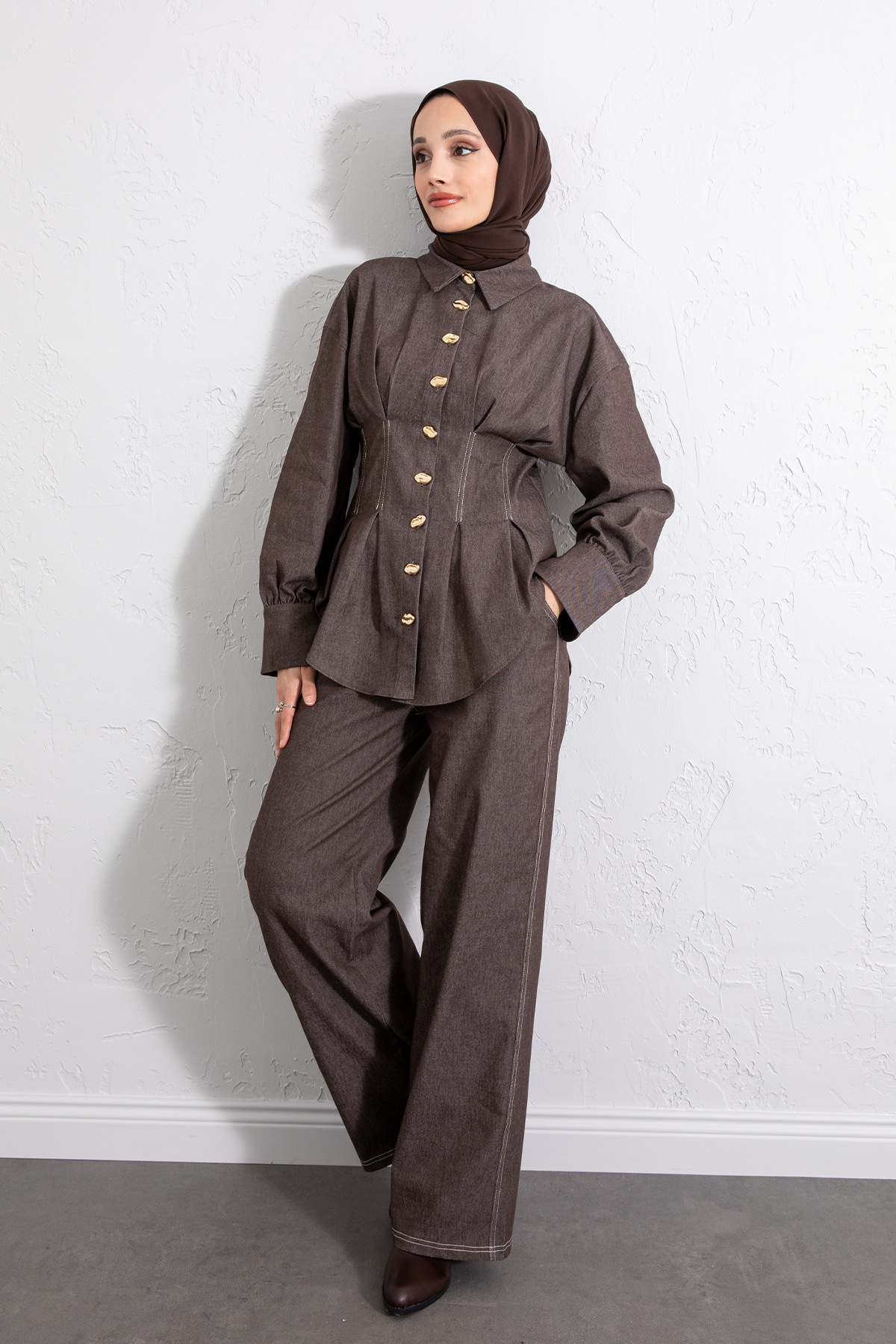 Belden Pileli Denim Takım Y0097 - KAHVERENGİ |  