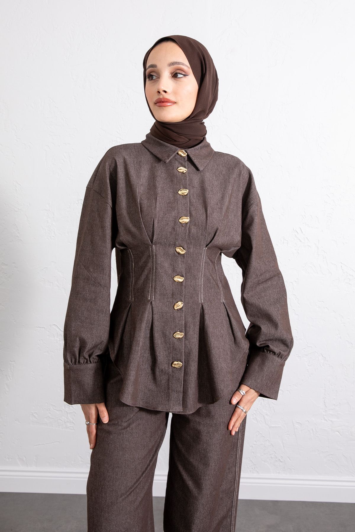 Belden Pileli Denim Takım Y0097 - KAHVERENGİ |  