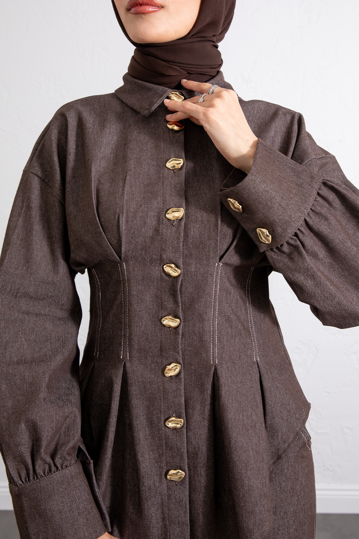 Belden Pileli Denim Takım Y0097 - KAHVERENGİ |  