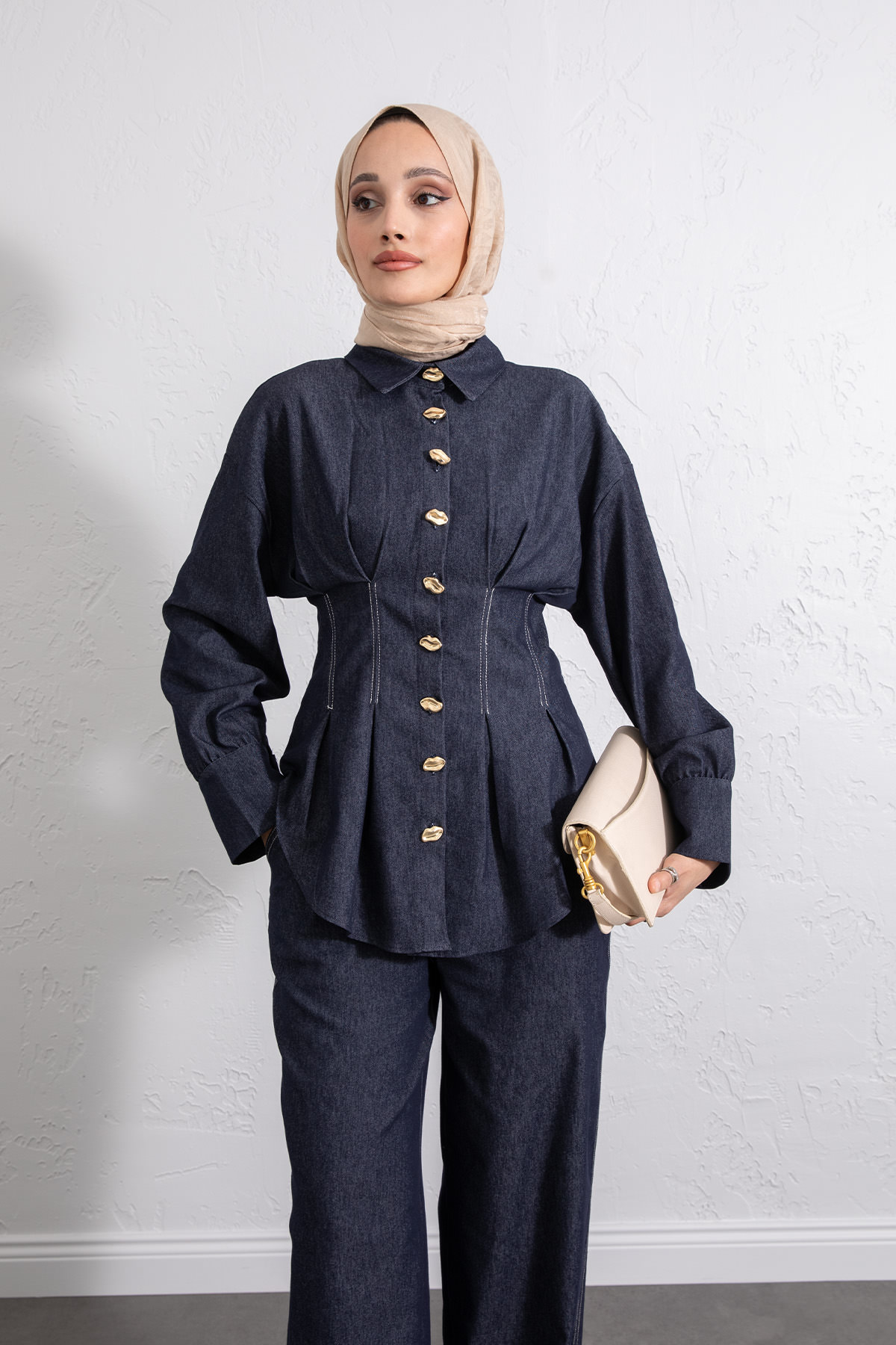 Belden Pileli Denim Takım Y0097 - LACİVERT |  