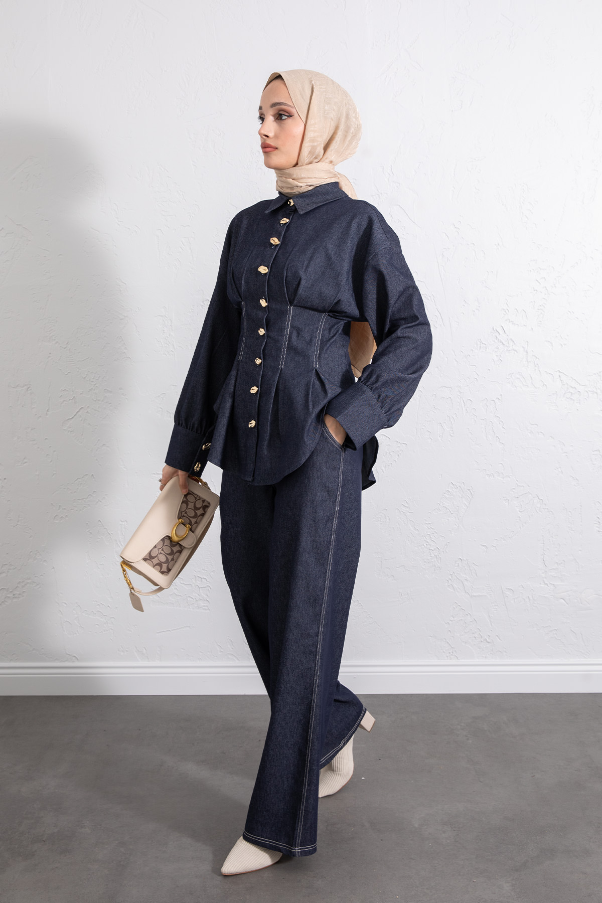 Belden Pileli Denim Takım Y0097 - LACİVERT |  