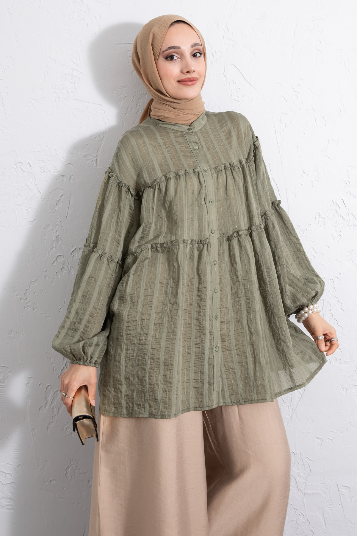 Katlı Büzgülü Gömlek Y0098 - HAKİ |  