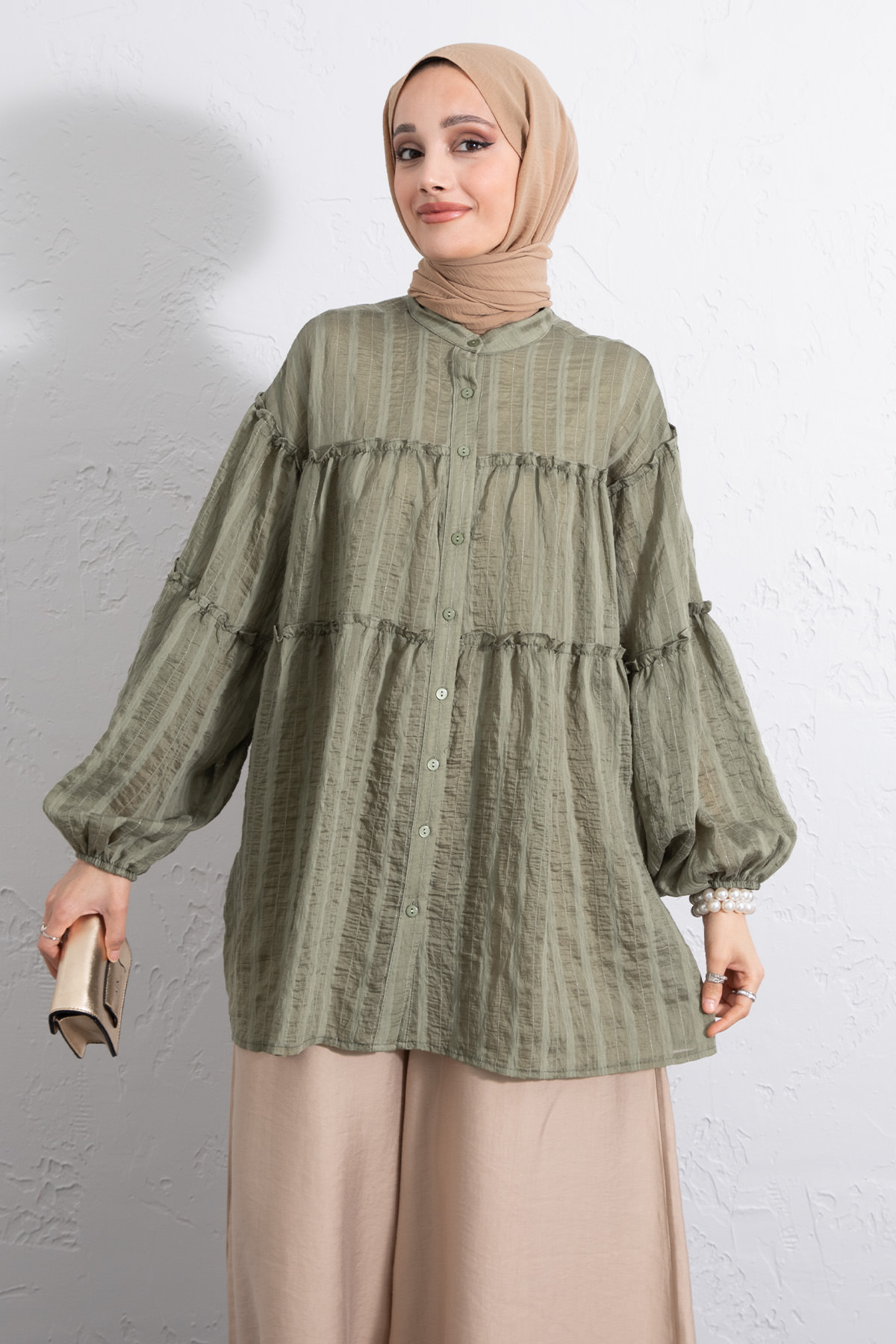 Katlı Büzgülü Gömlek Y0098 - HAKİ |  