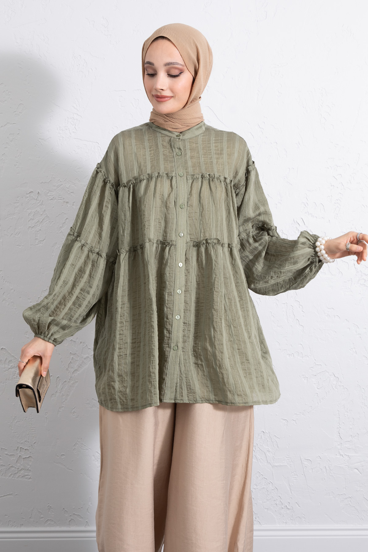 Katlı Büzgülü Gömlek Y0098 - HAKİ |  