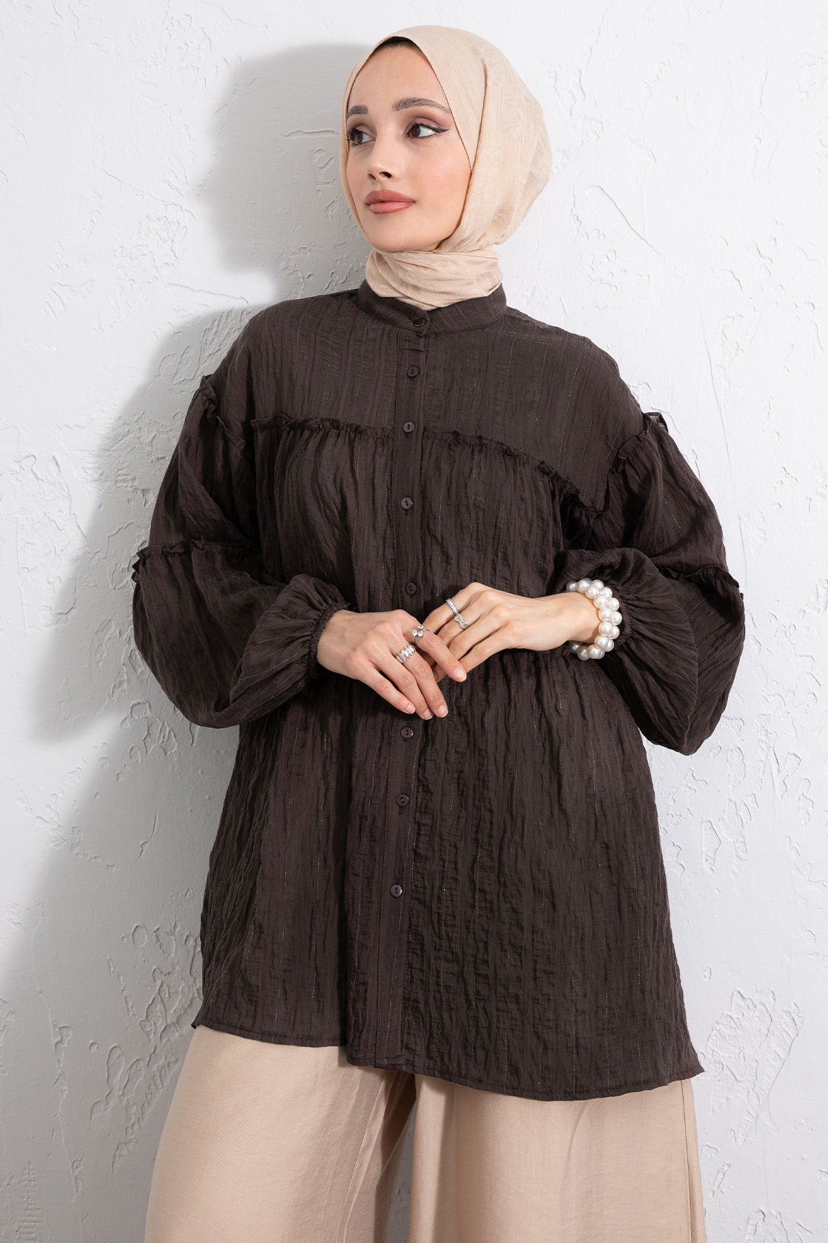 Katlı Büzgülü Gömlek Y0098 - KAHVERENGİ |  