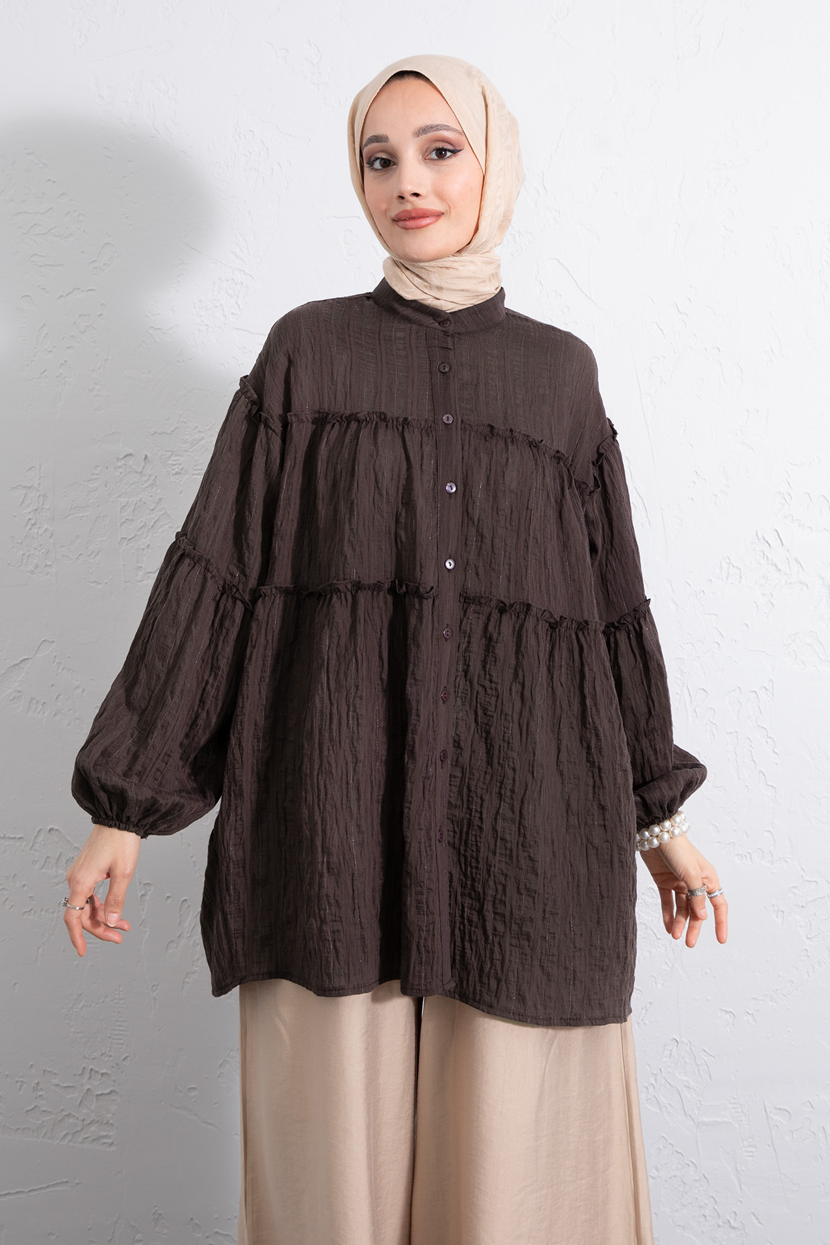 Katlı Büzgülü Gömlek Y0098 - KAHVERENGİ |  
