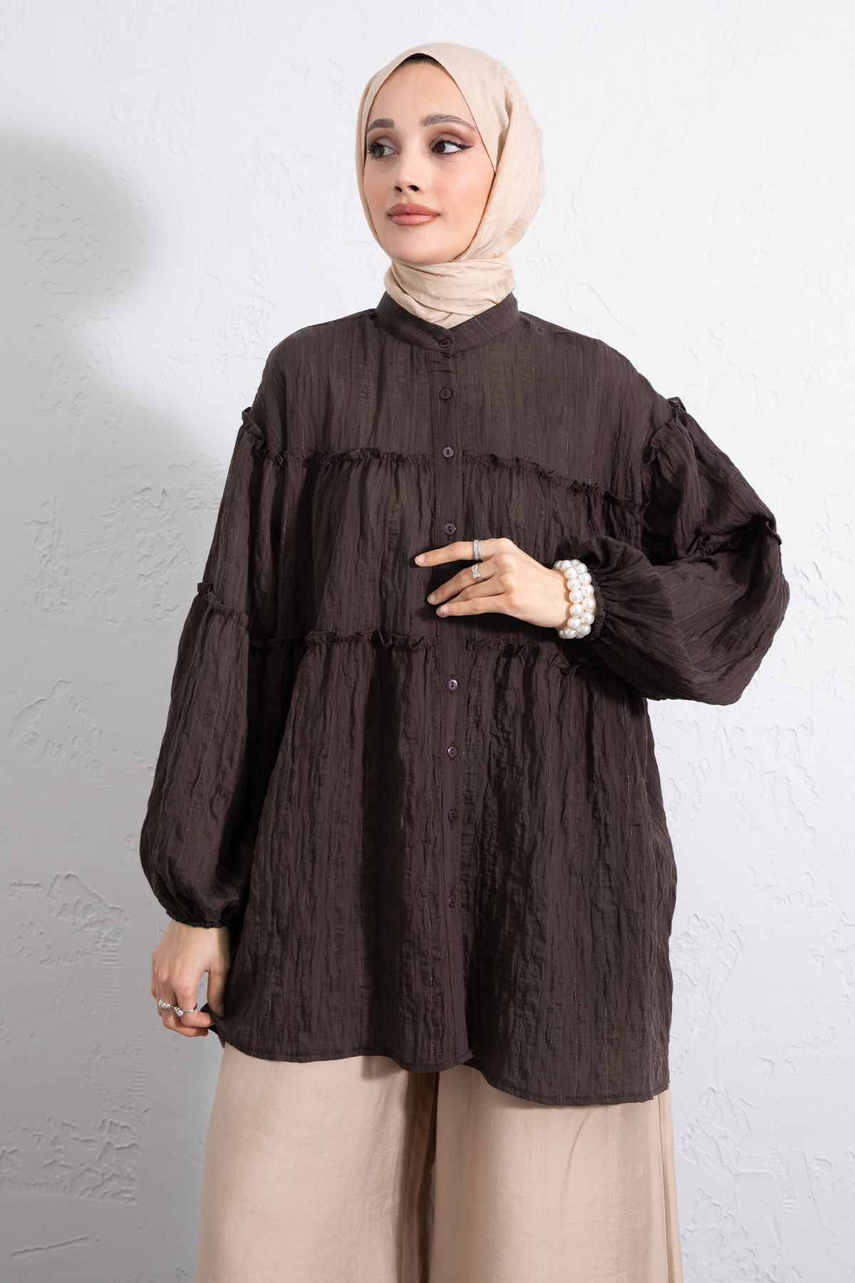Katlı Büzgülü Gömlek Y0098 - KAHVERENGİ |  