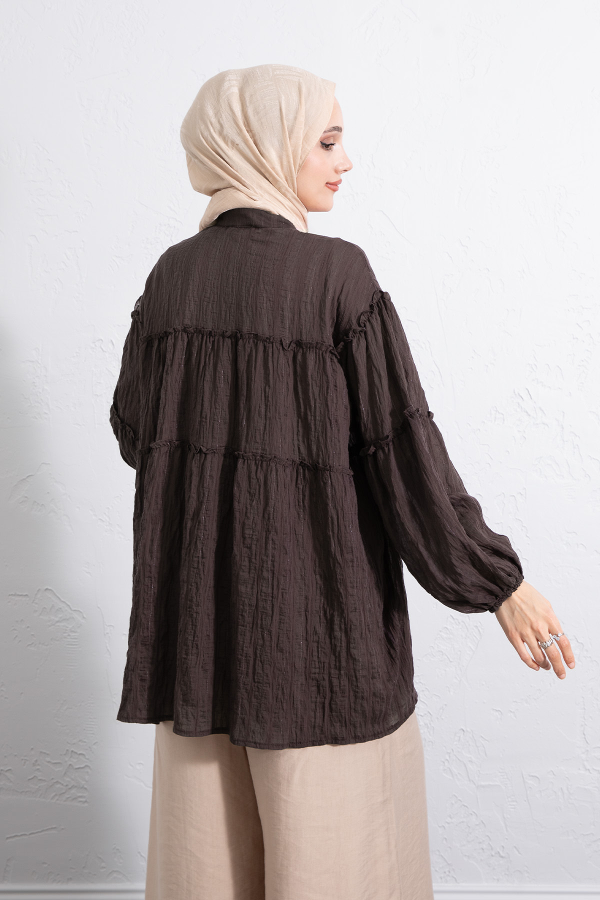 Katlı Büzgülü Gömlek Y0098 - KAHVERENGİ |  