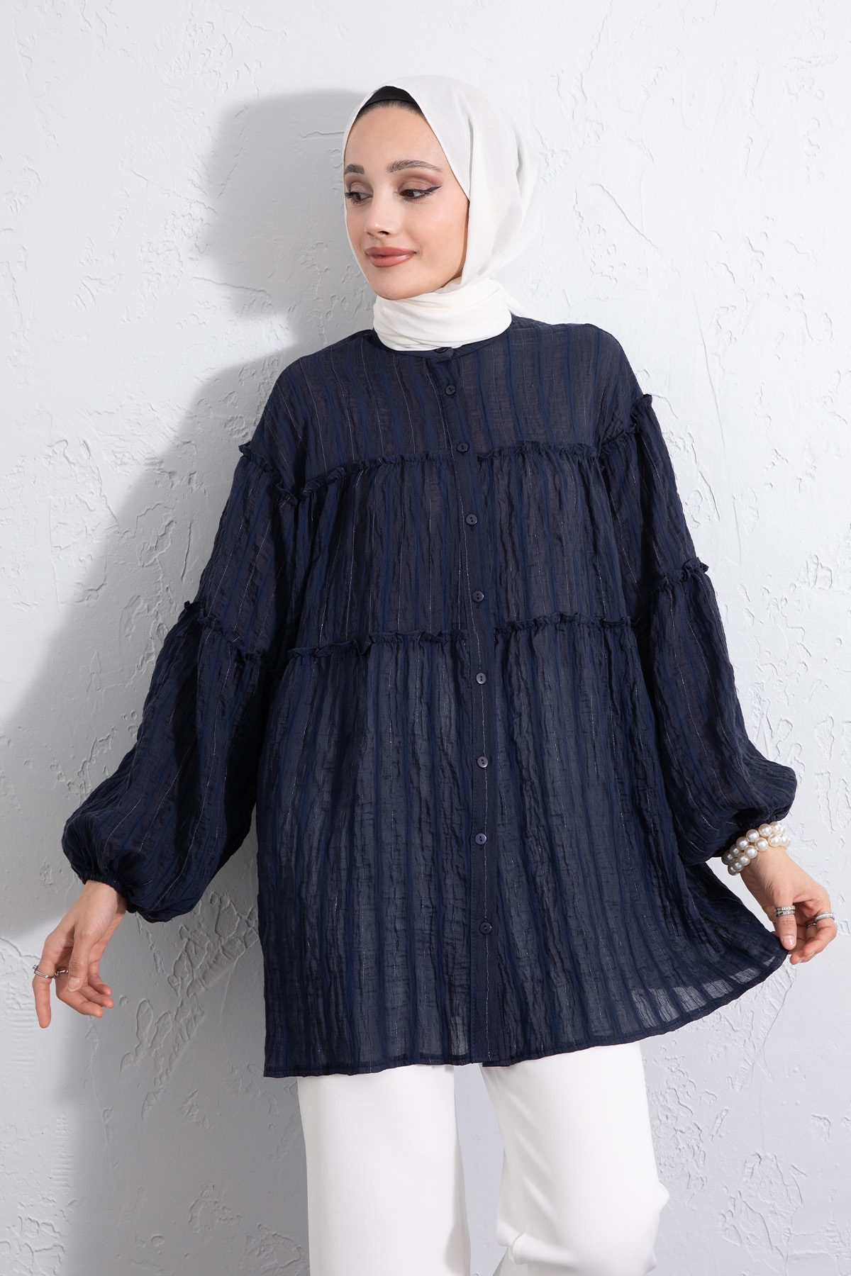 Katlı Büzgülü Gömlek Y0098 - LACİVERT |  