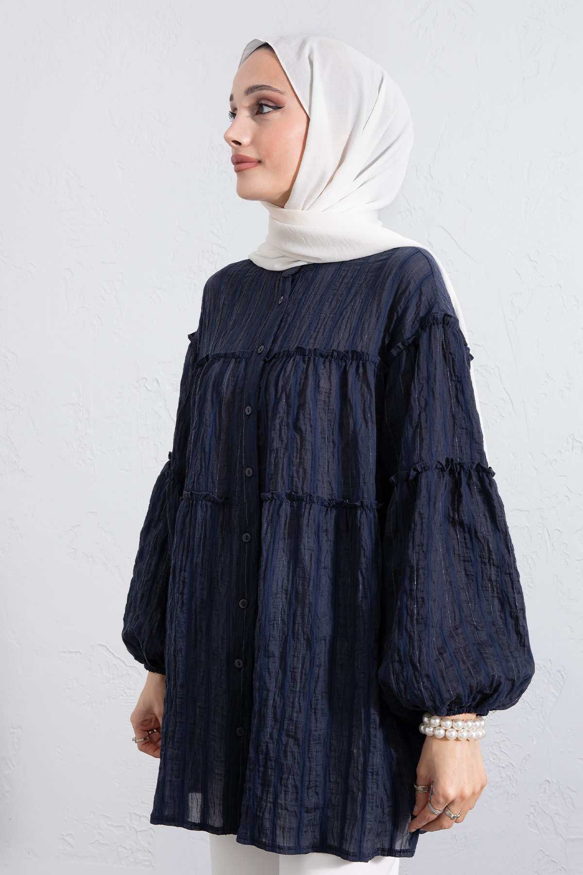 Katlı Büzgülü Gömlek Y0098 - LACİVERT |  