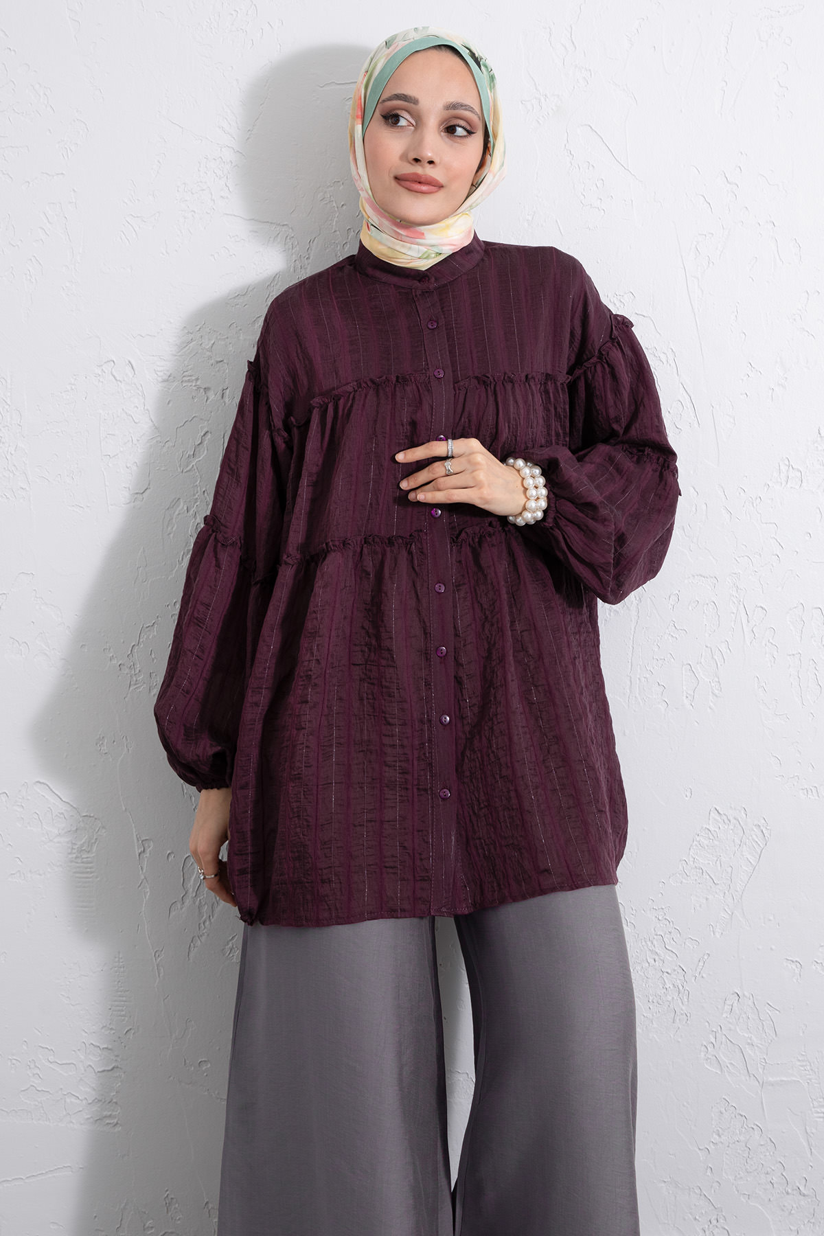 Katlı Büzgülü Gömlek Y0098 - MÜRDÜM |  