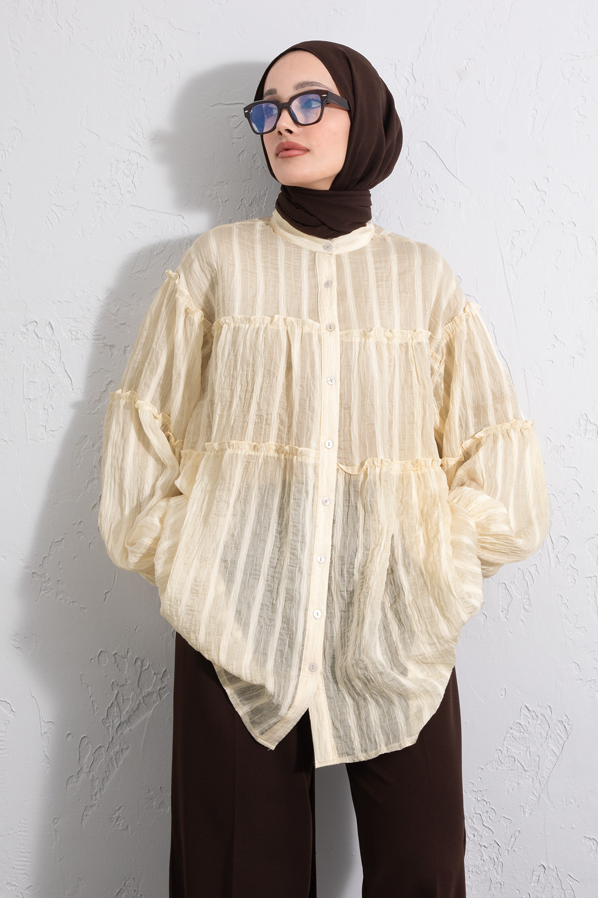 Katlı Büzgülü Gömlek Y0098 - SARI |  