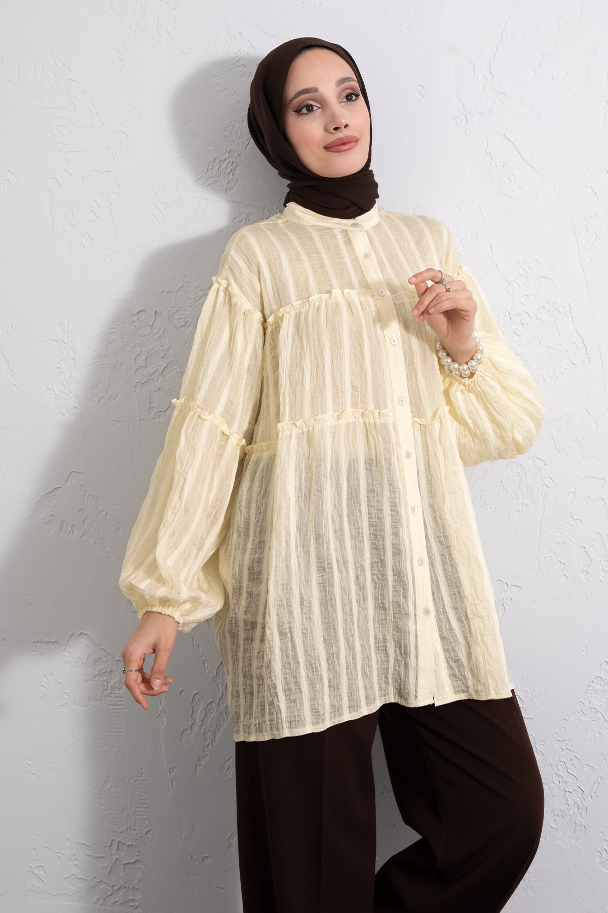 Katlı Büzgülü Gömlek Y0098 - SARI |  