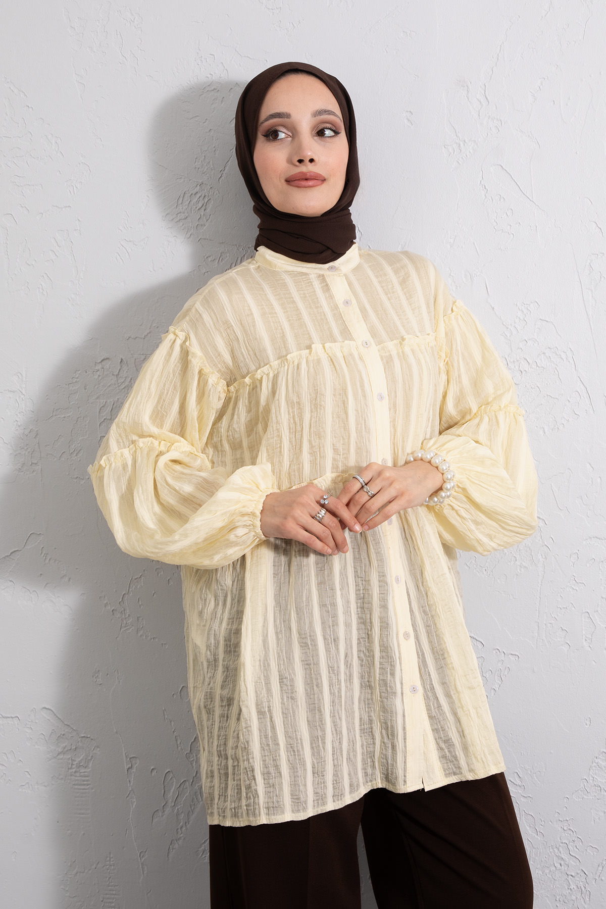 Katlı Büzgülü Gömlek Y0098 - SARI |  