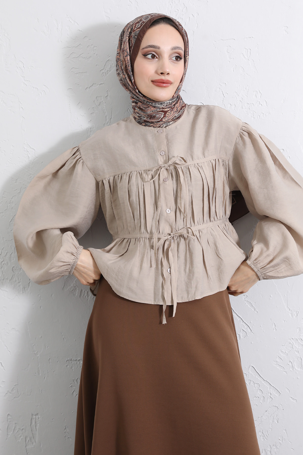 Çift Bağcıklı Büzgülü Gömlek Y0099 - BEJ |  