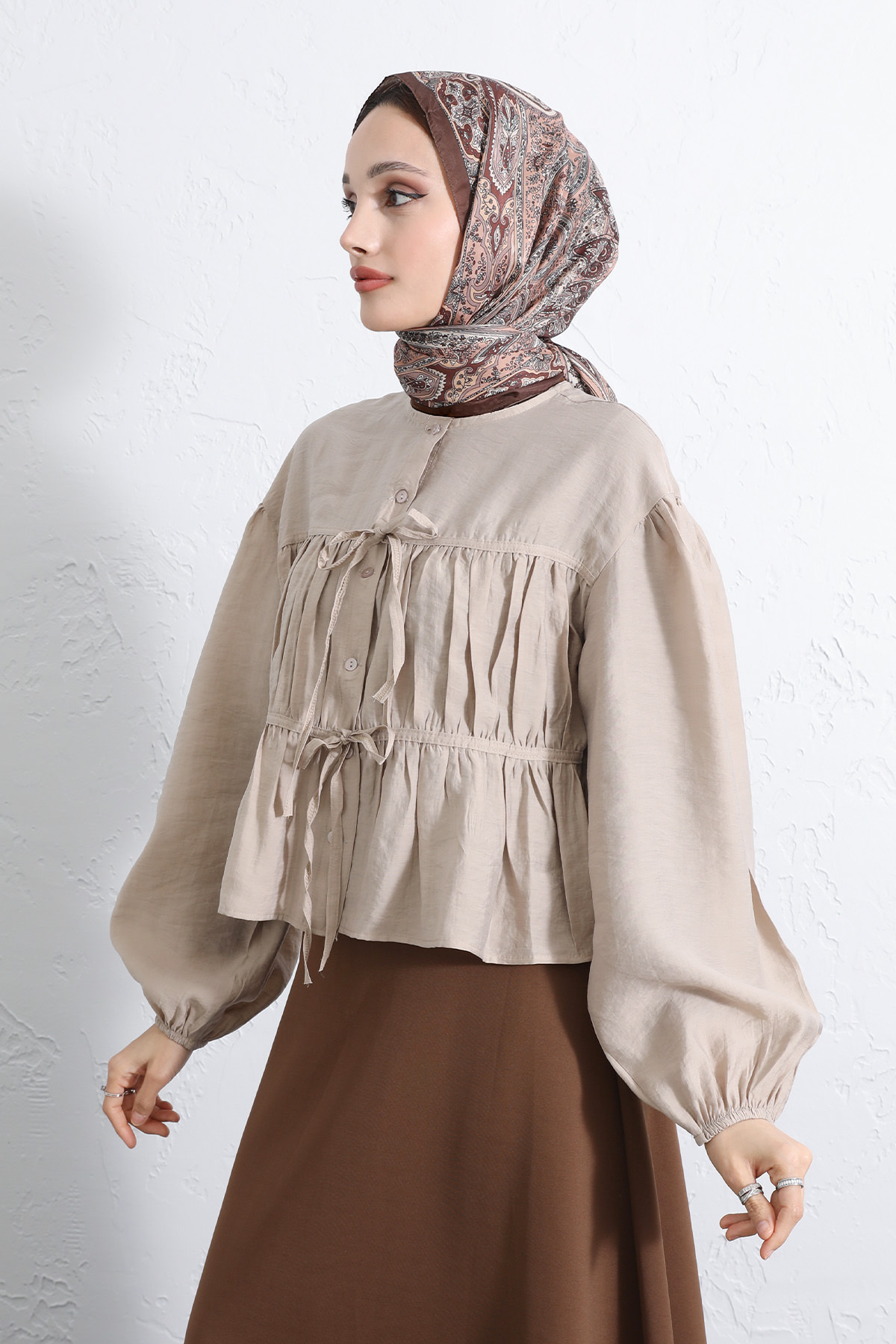 Çift Bağcıklı Büzgülü Gömlek Y0099 - BEJ |  