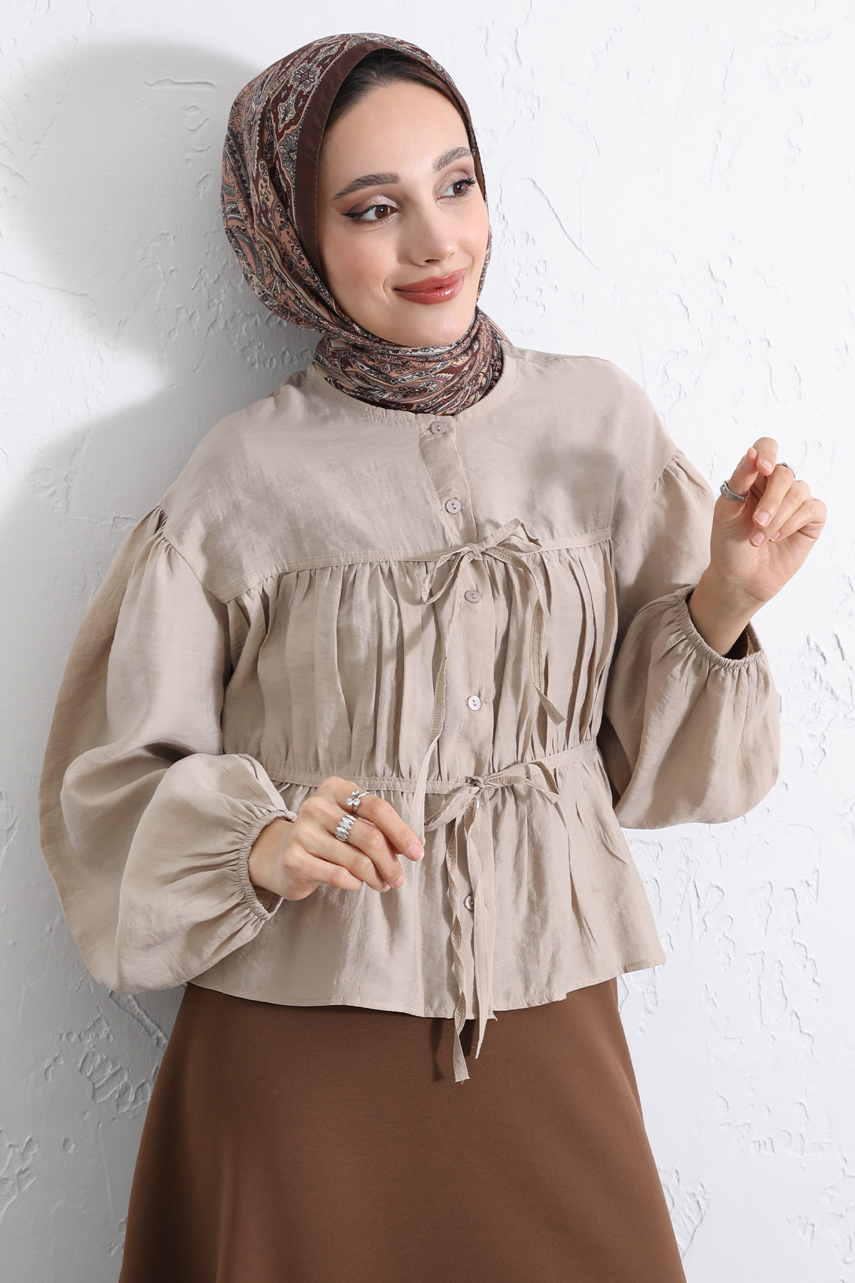 Çift Bağcıklı Büzgülü Gömlek Y0099 - BEJ |  
