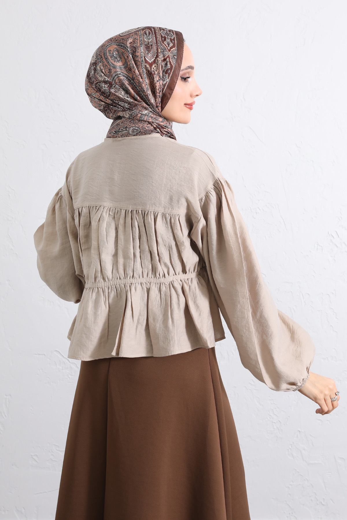 Çift Bağcıklı Büzgülü Gömlek Y0099 - BEJ |  