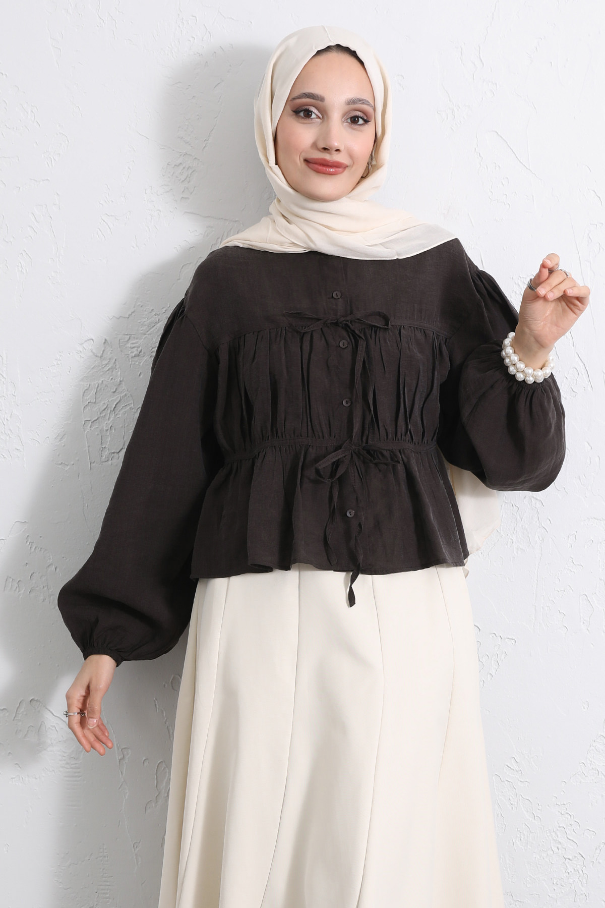 Çift Bağcıklı Büzgülü Gömlek Y0099 - KOYU KAHVERENGİ |  