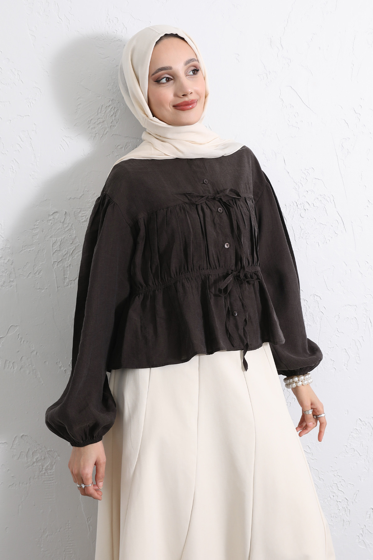 Çift Bağcıklı Büzgülü Gömlek Y0099 - KOYU KAHVERENGİ |  