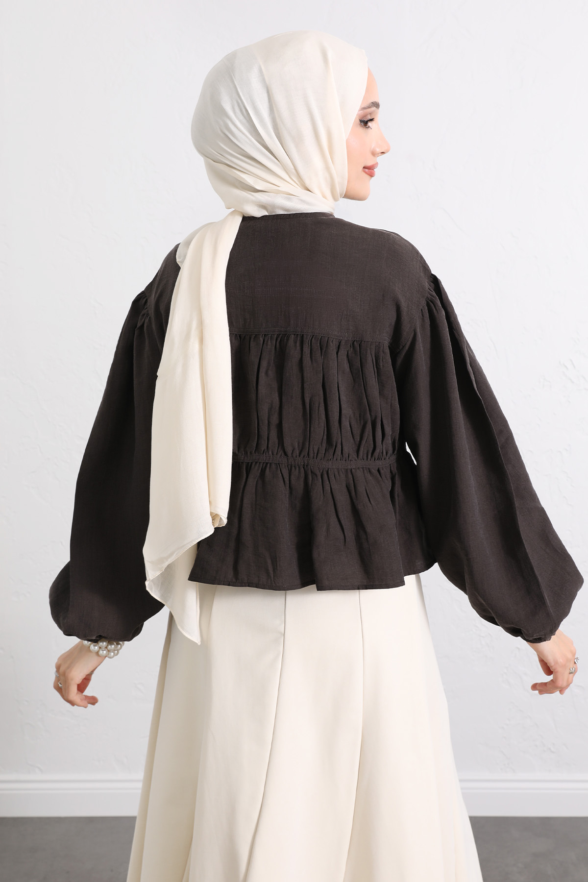 Çift Bağcıklı Büzgülü Gömlek Y0099 - KOYU KAHVERENGİ |  