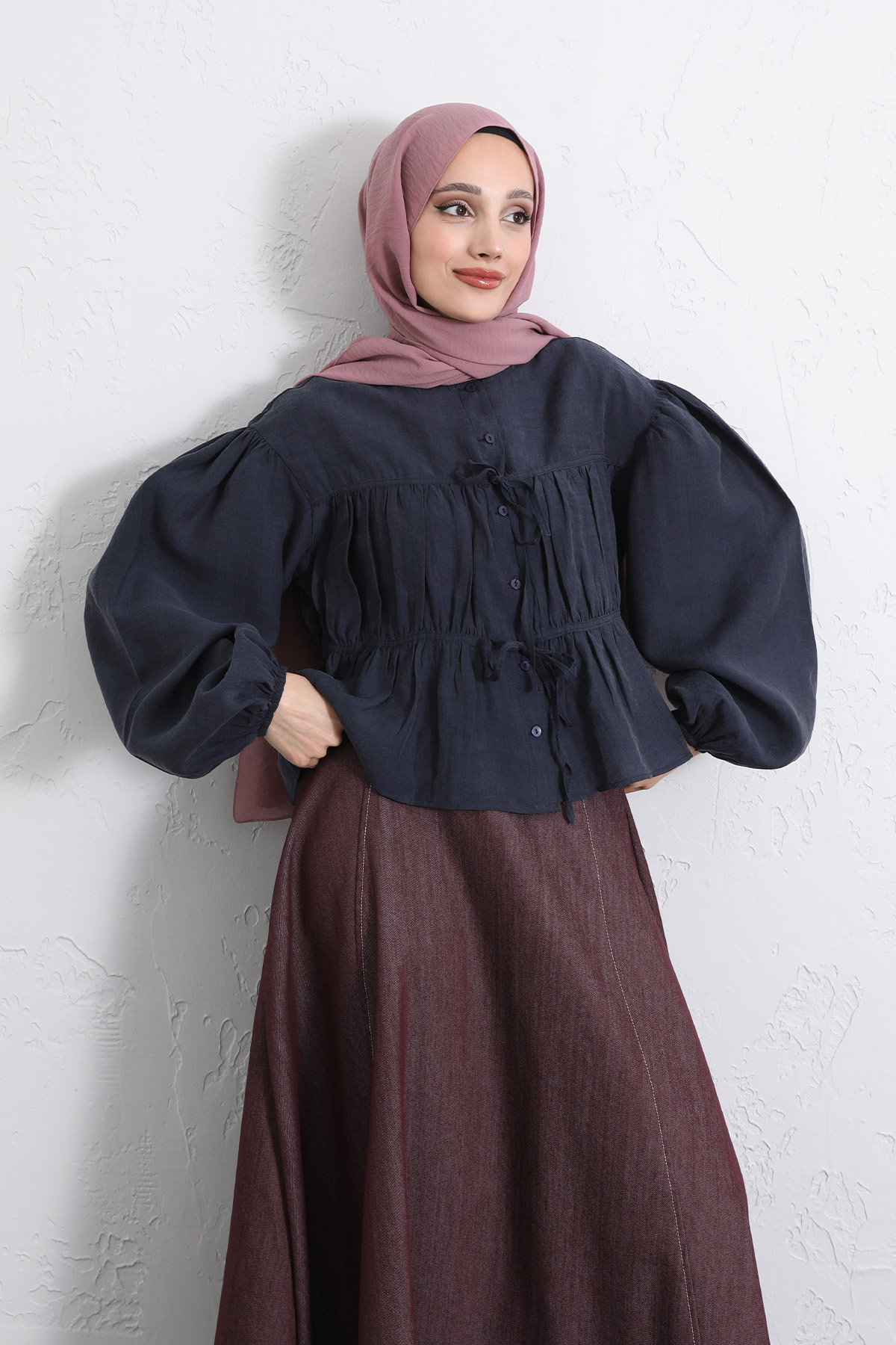 Çift Bağcıklı Büzgülü Gömlek Y0099 - LACİVERT |  