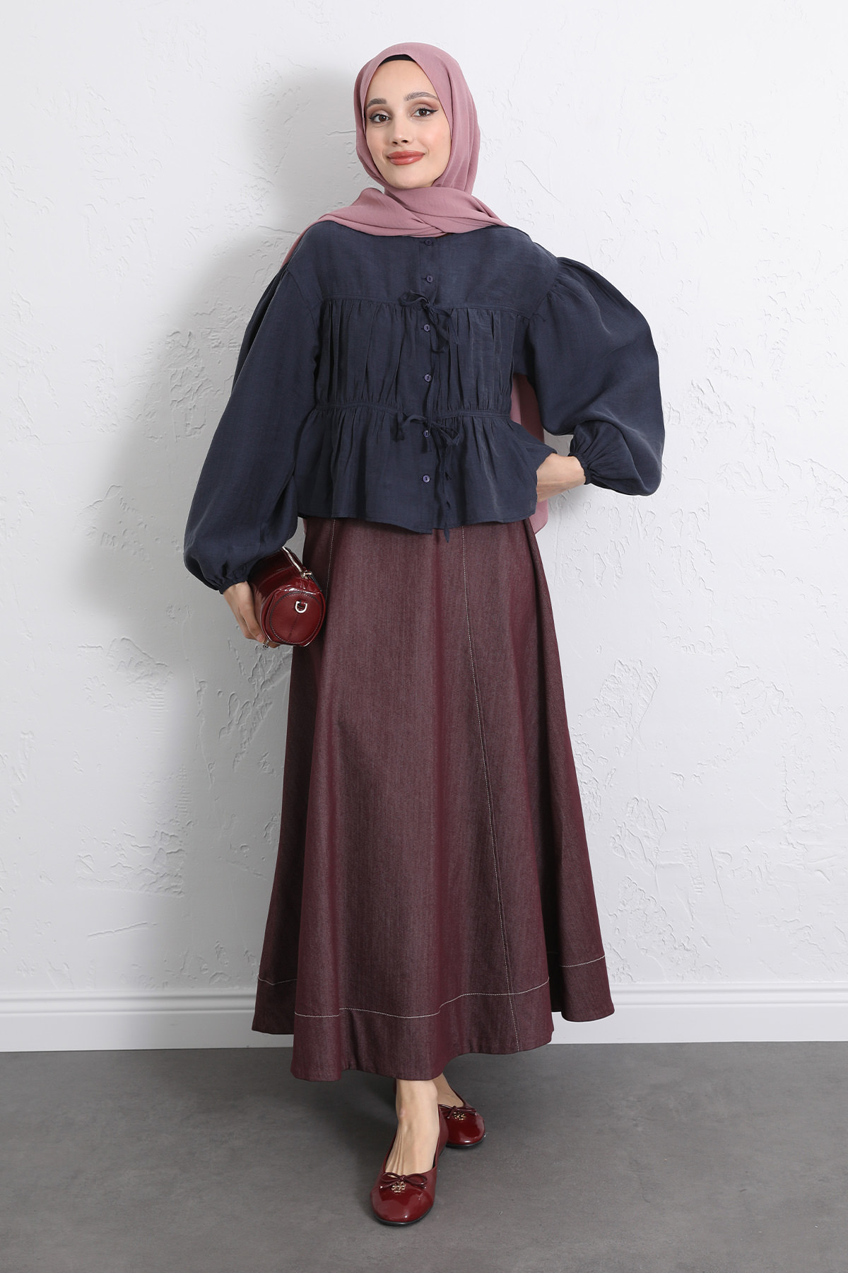 Çift Bağcıklı Büzgülü Gömlek Y0099 - LACİVERT |  