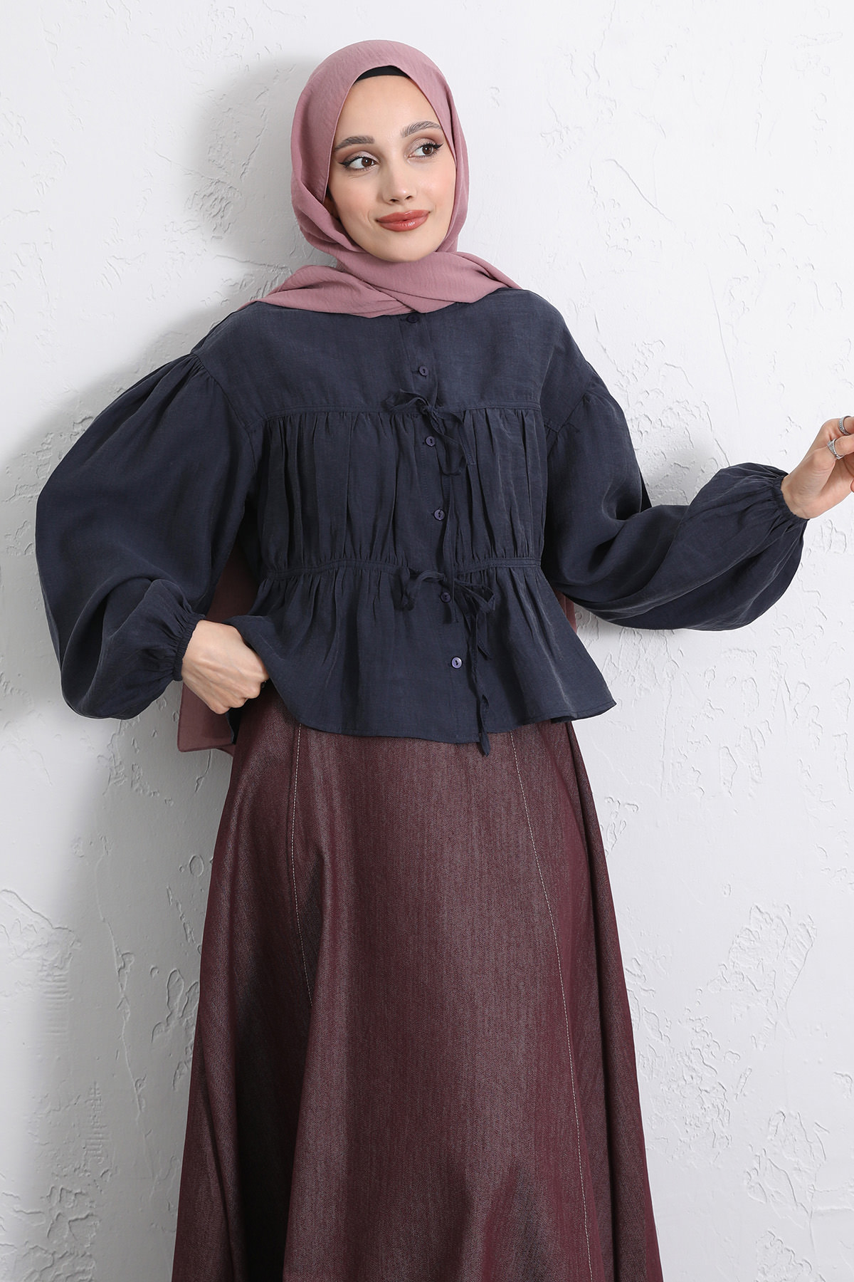 Çift Bağcıklı Büzgülü Gömlek Y0099 - LACİVERT |  