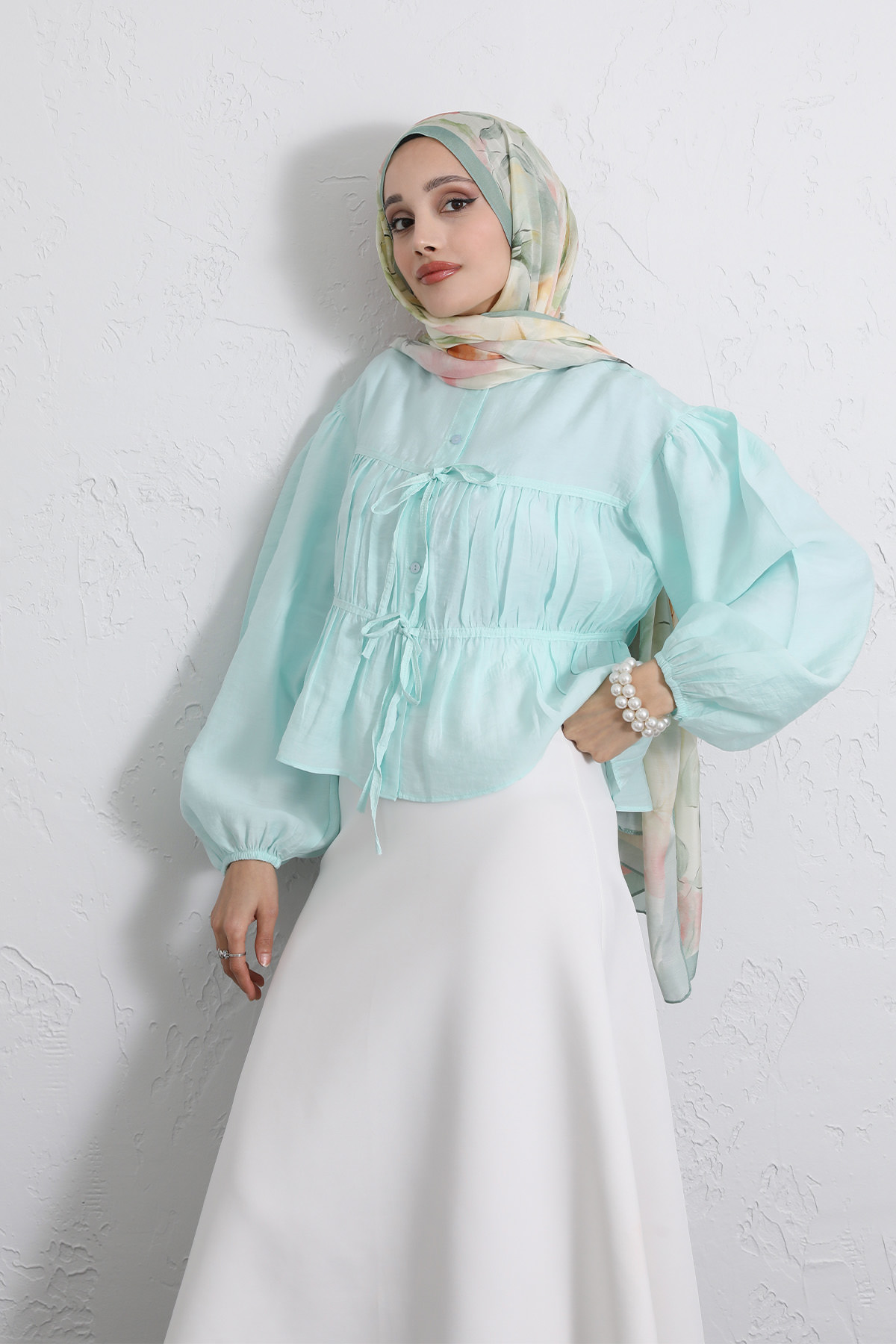 Çift Bağcıklı Büzgülü Gömlek Y0099 - MİNT YEŞİLİ |  